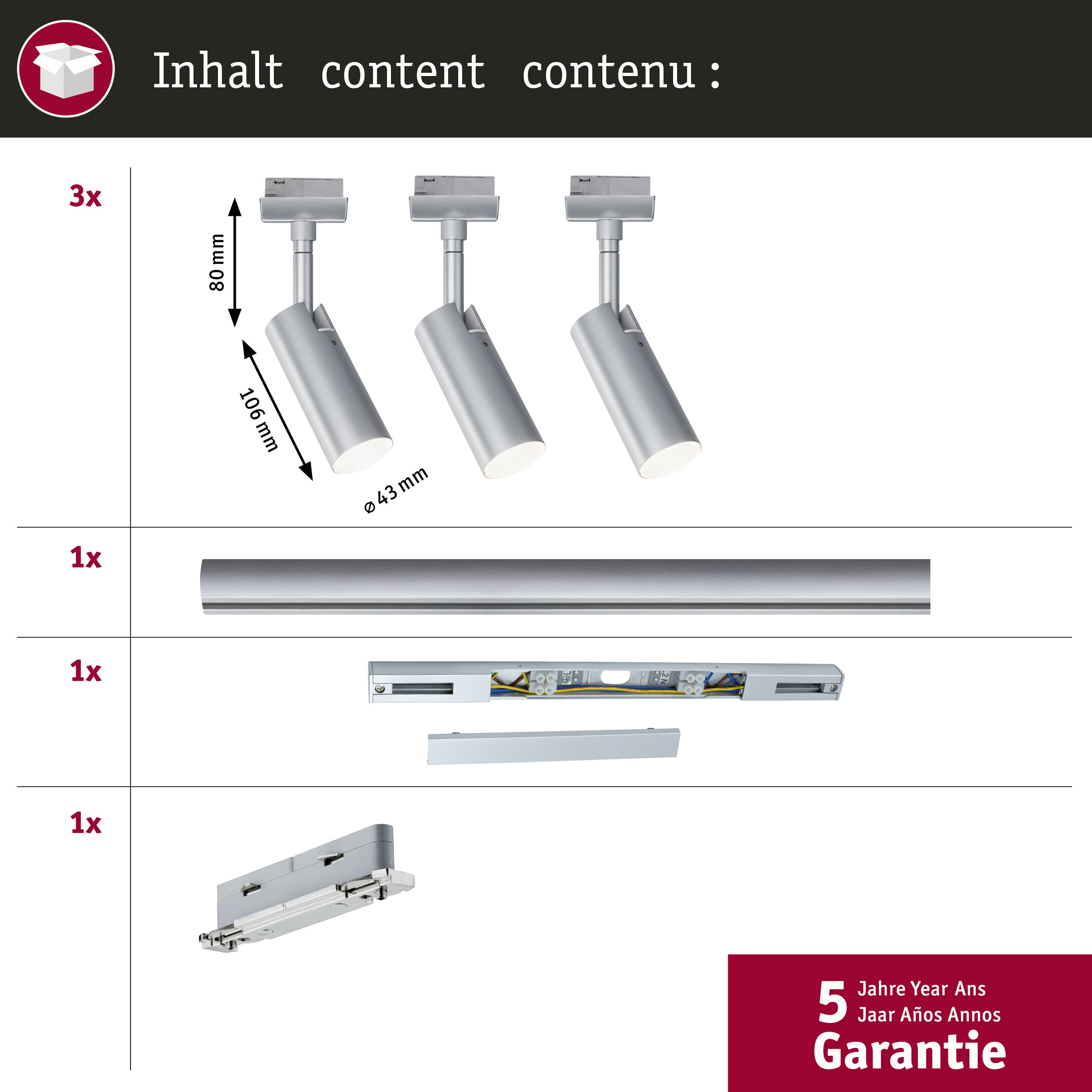 Set mit 3 Leuchten, 1 Schiene, 1 Verbinder und 1 Endkappe für Schienensystem.