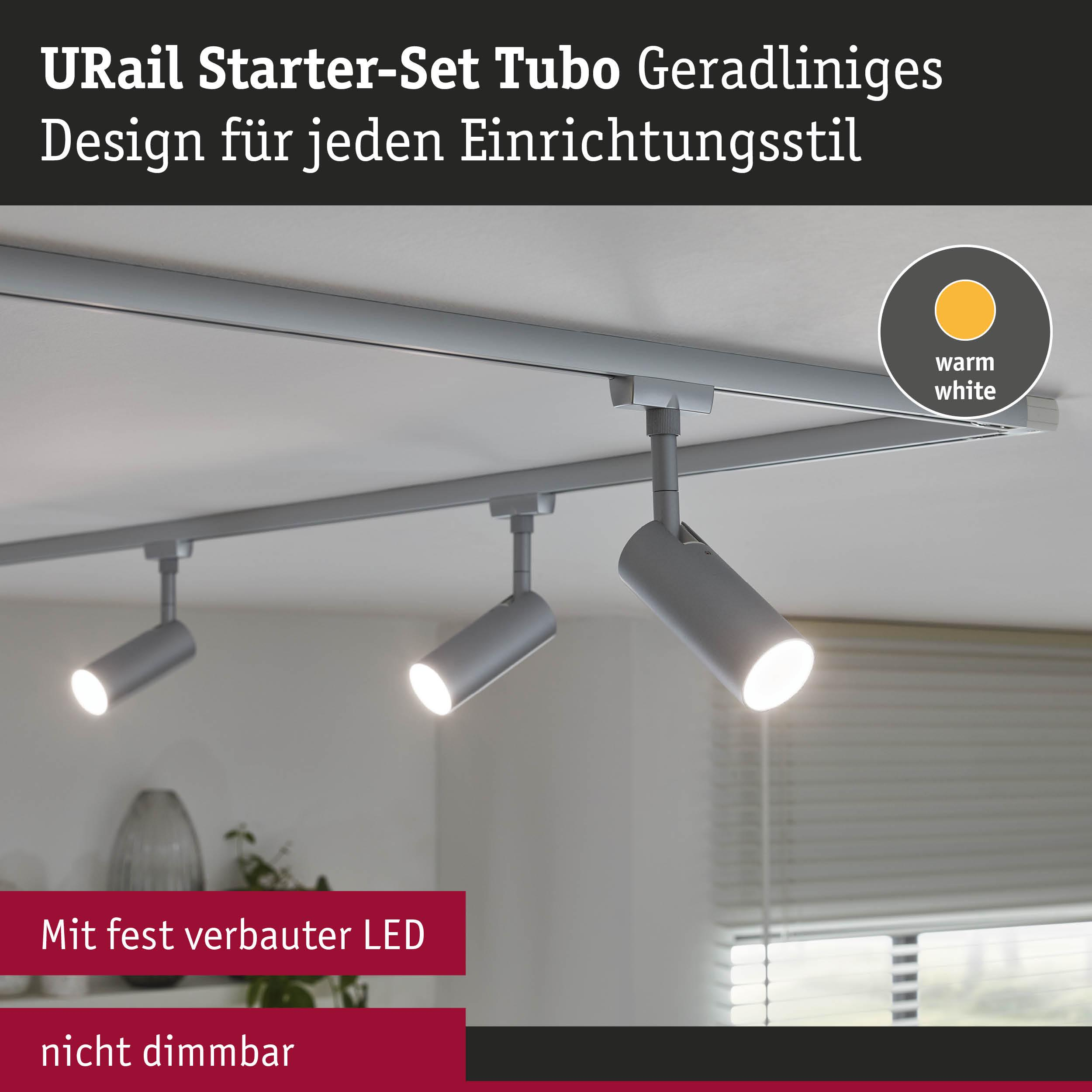 URail Schienensystem mit drei Strahlern in Grau, warmweißes Licht.