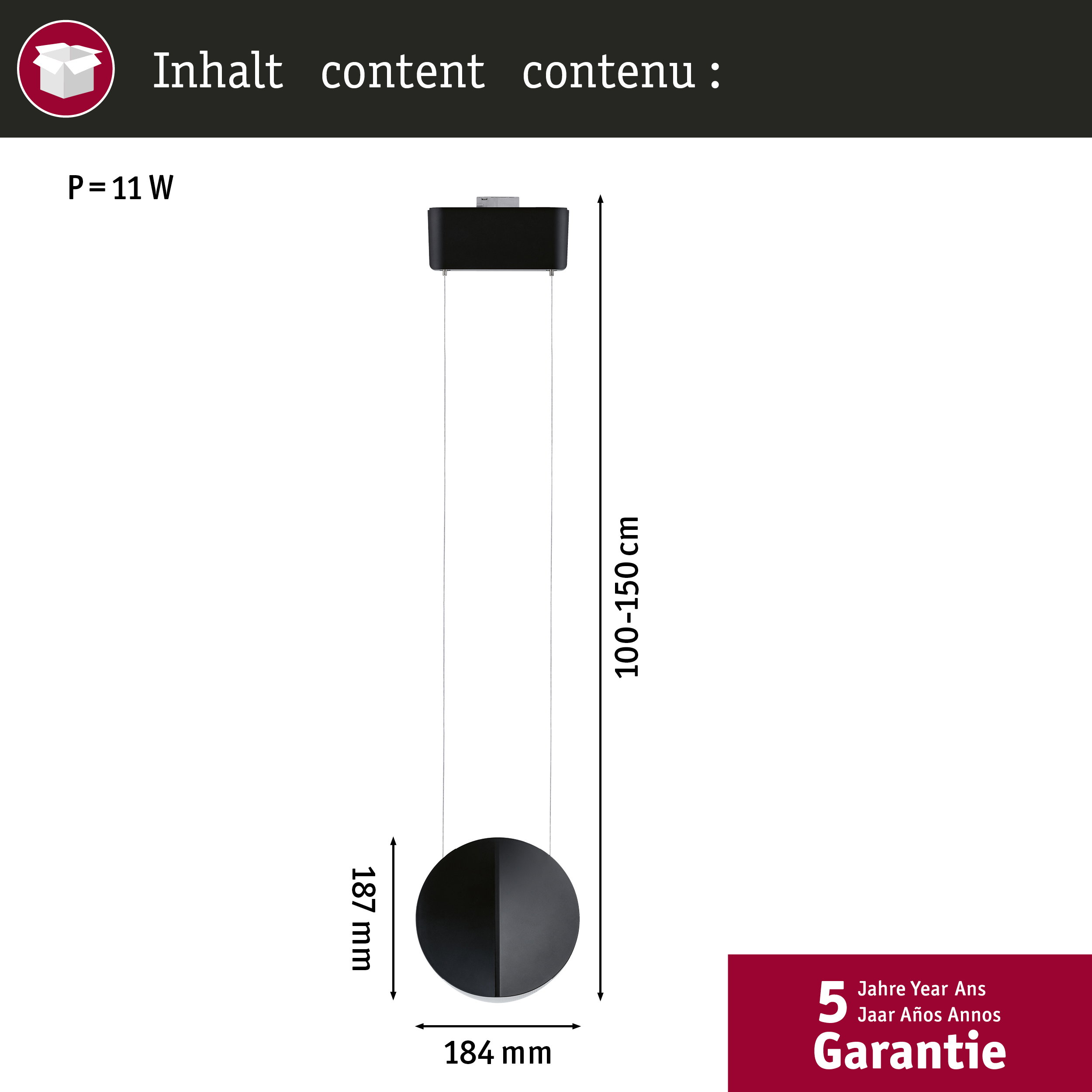 Schwarzer Pendelleuchte mit runden Element. Maße: 184mm Breite, 187mm Höhe.