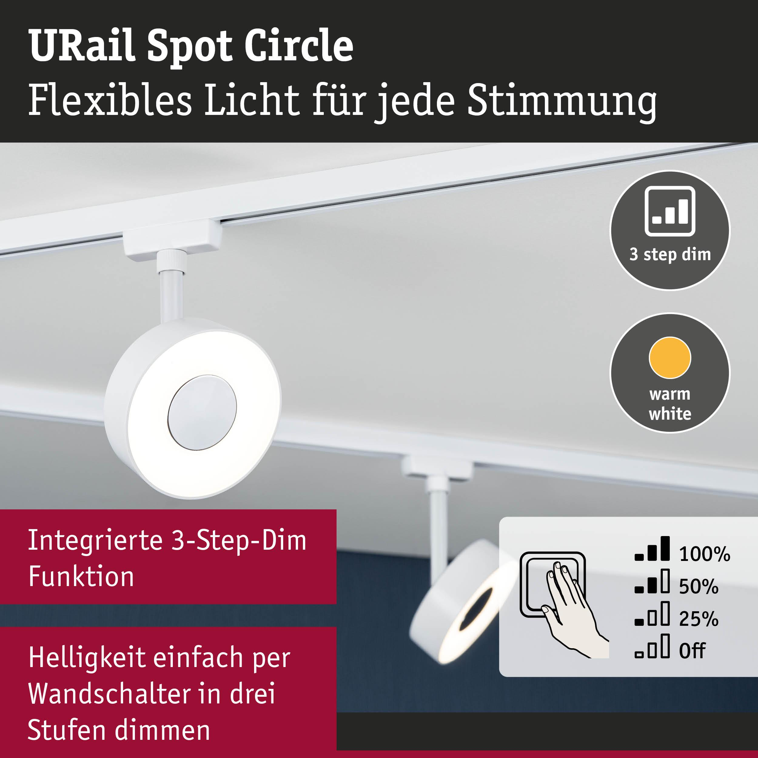 Weiße URail Spots mit 3-stufiger Dimmfunktion und warmweißem Licht.