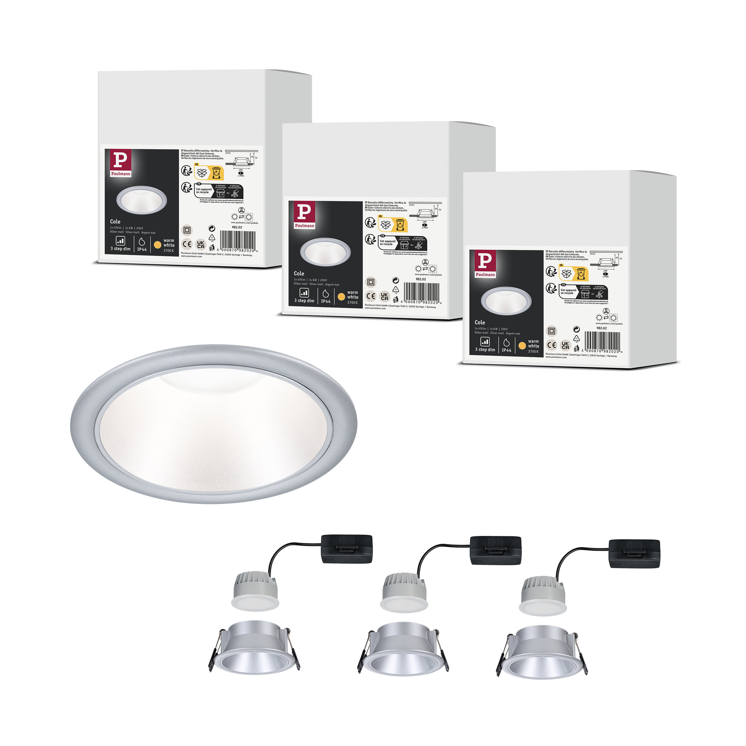 Trzy pudełka z lampami Paulmann Cole, srebrna lampa wpuszczana i trzy osobne lampy.