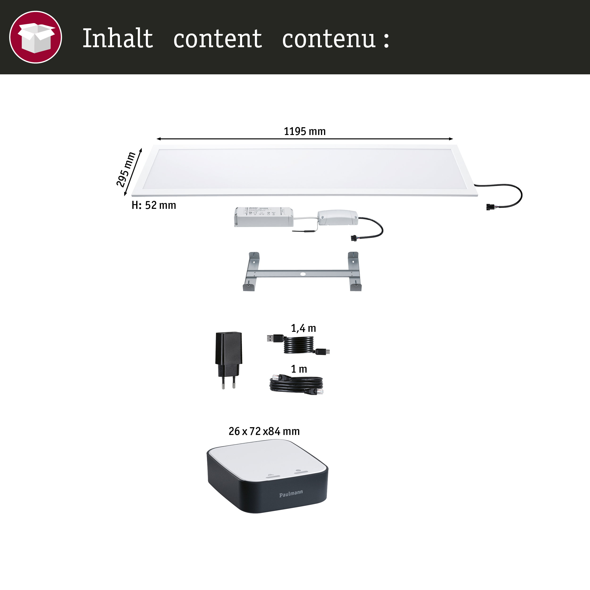 Płaski panel LED z akcesoriami: zasilacz, wspornik, kable i jednostka sterująca.