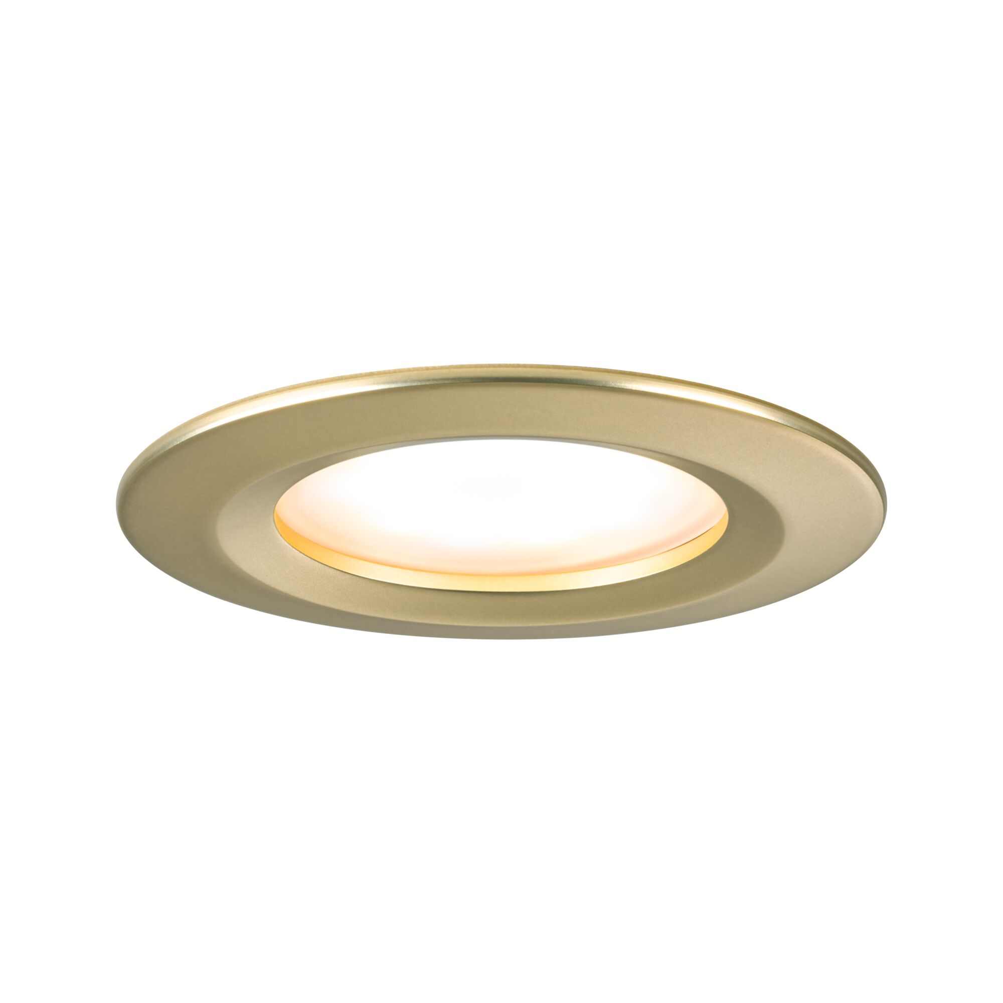 Eine goldene Einbauleuchte mit warmem Licht auf weißem Hintergrund.
