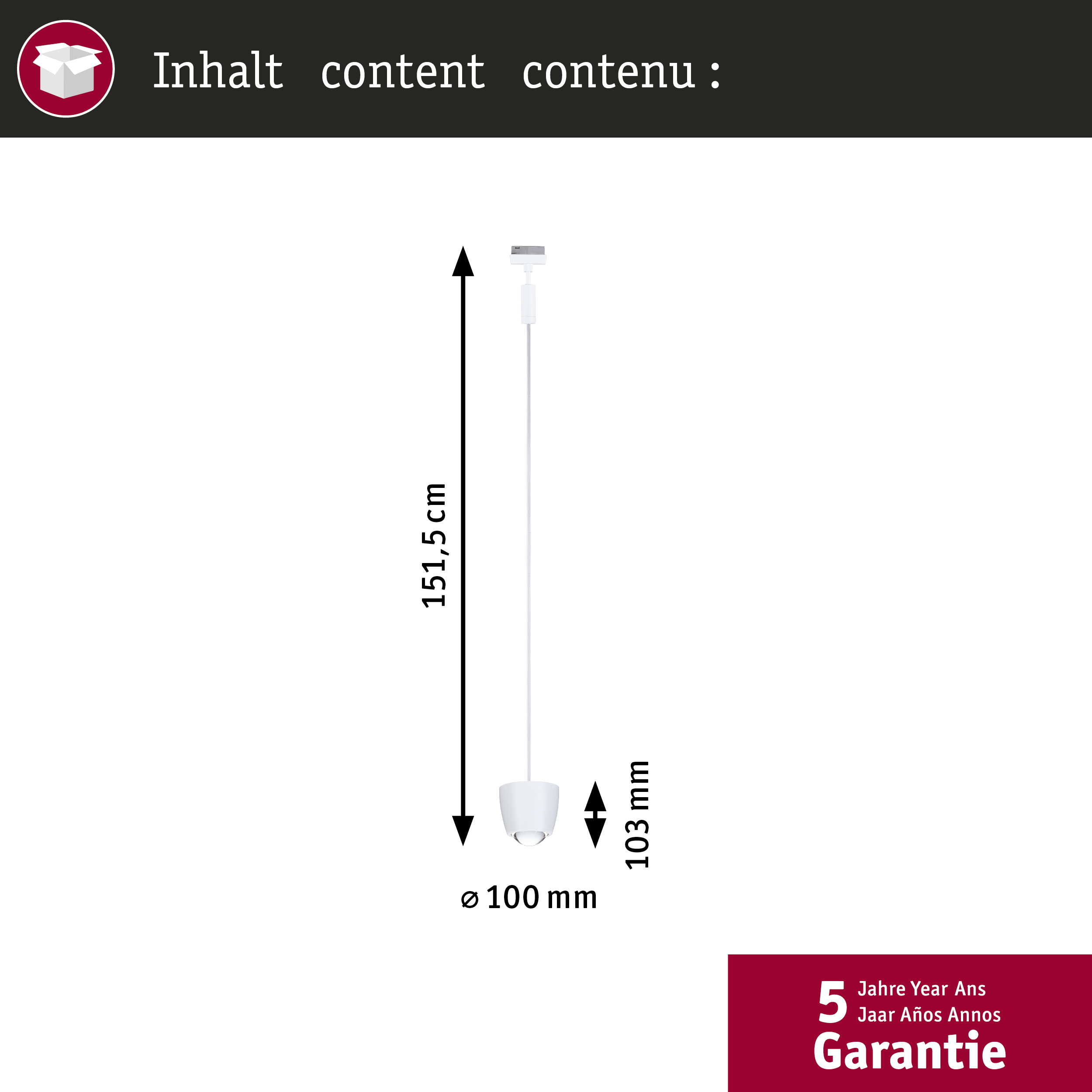 Eine weiße Pendelleuchte mit Maßen: 151,5 cm Höhe, 103 mm Tiefe, 100 mm Durchmesser.
