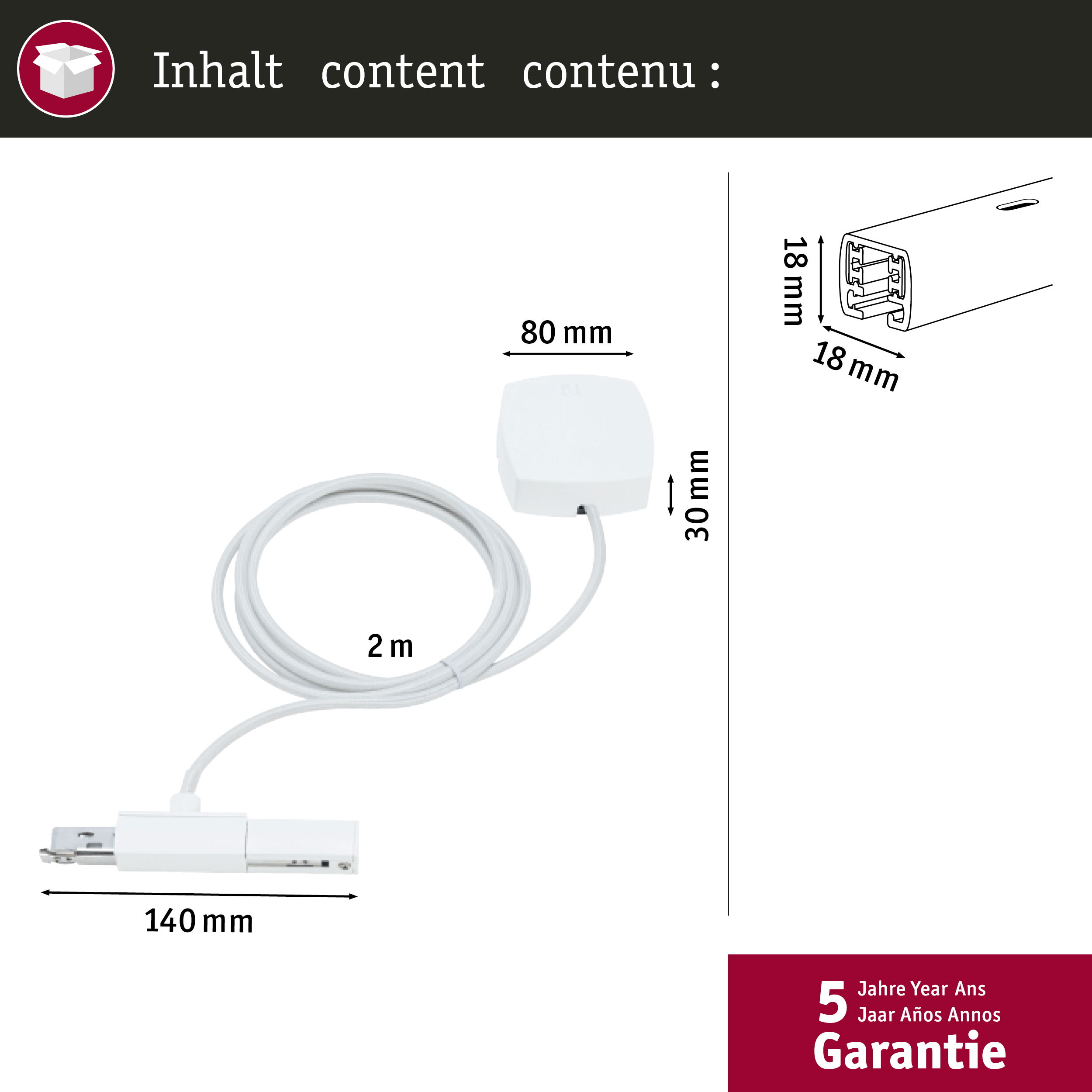Weiße Messbox mit Kabel, Maße 80x30mm. 5 Jahre Garantie.