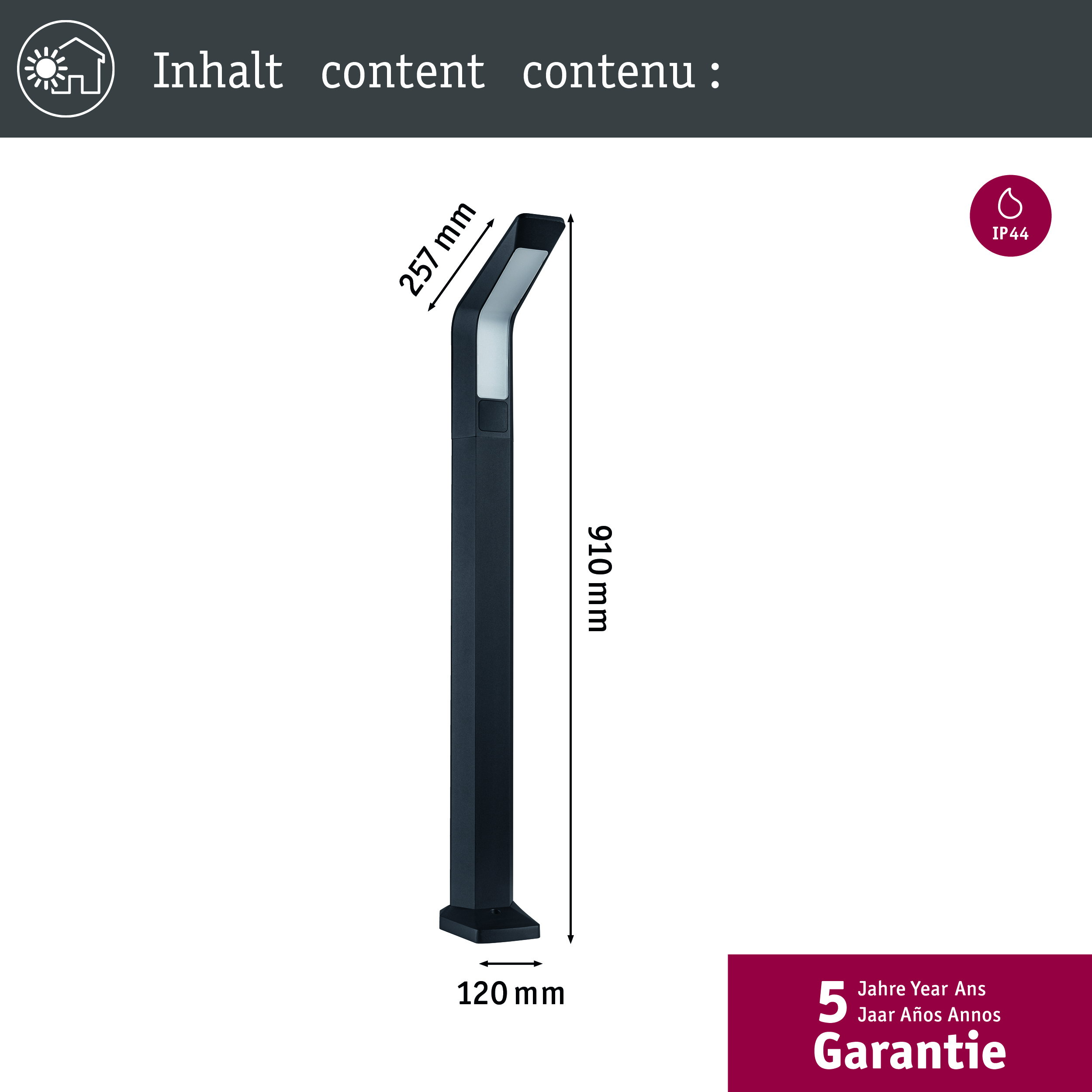 Czarna, prostokątna lampa zewnętrzna z ochroną IP44 i 5-letnią gwarancją.
