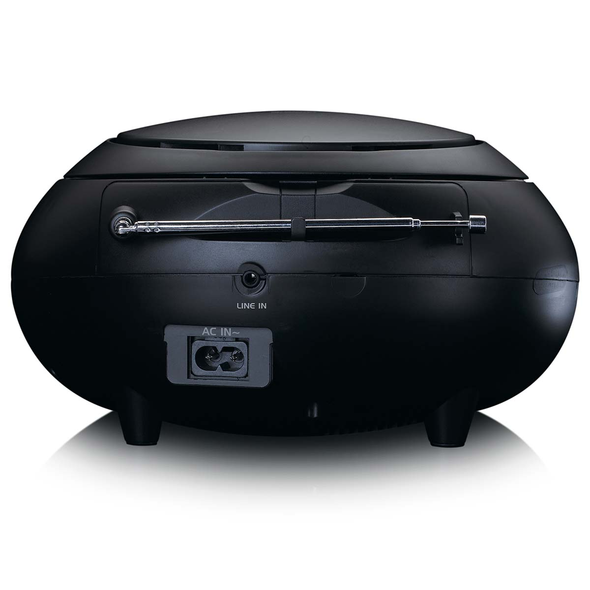 Boombox noir avec antenne extensible, prise d'entrée ligne et prise secteur.