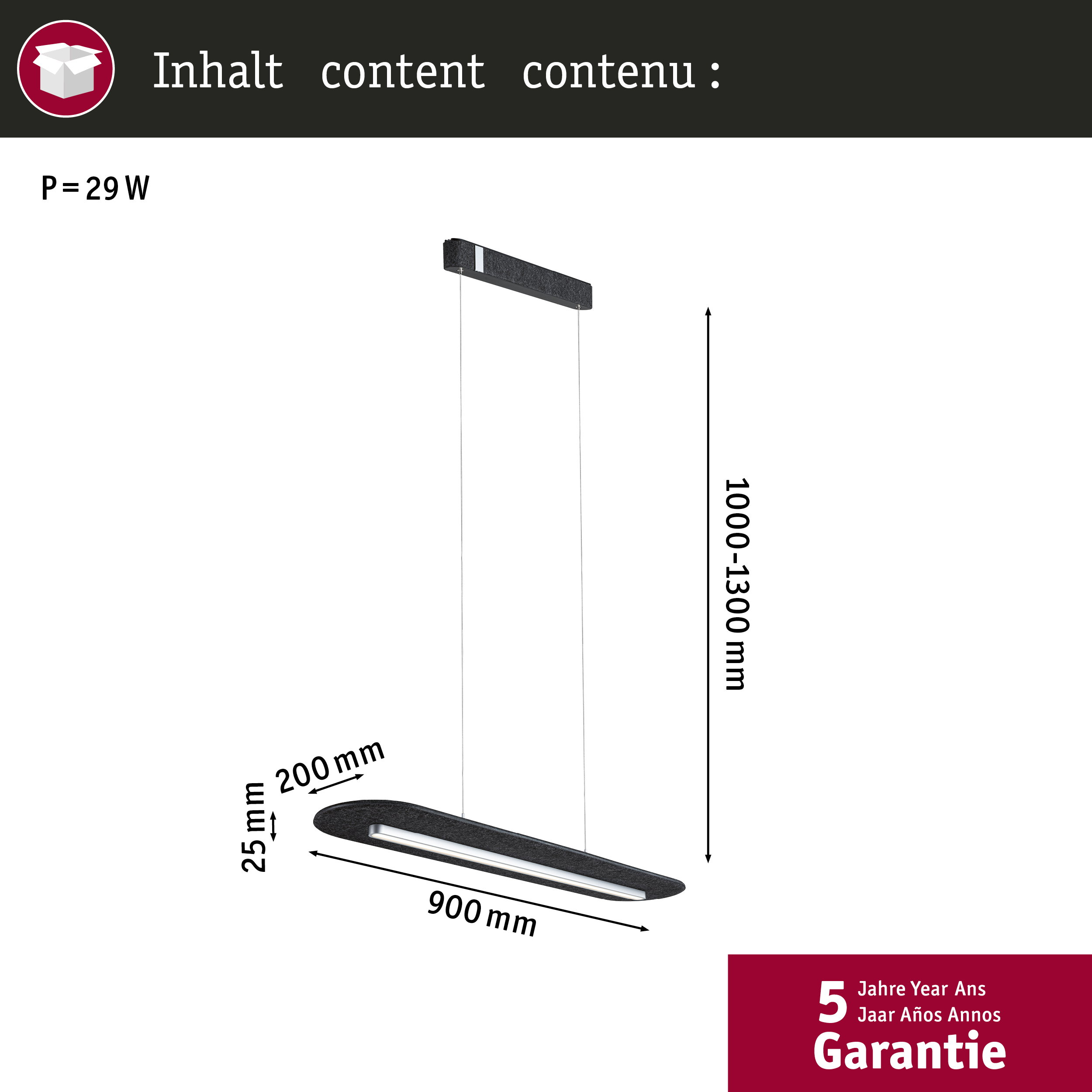 Schwarze Pendelleuchte, 900mm lang, 25mm hoch, 200mm breit. Höhe 1000-1300mm.