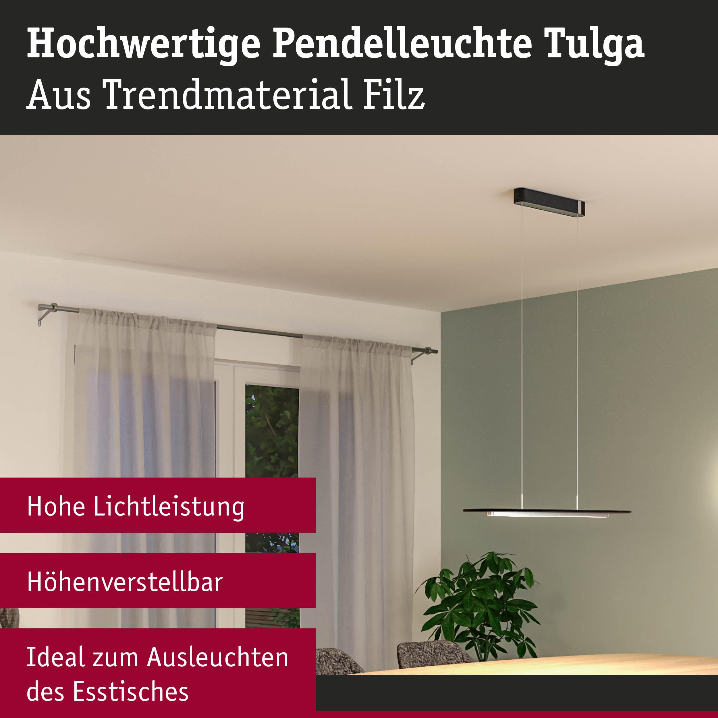 Moderne schwarze Pendelleuchte hängt über Holztisch mit Stühlen. Text: Hochwertige Pendelleuchte.