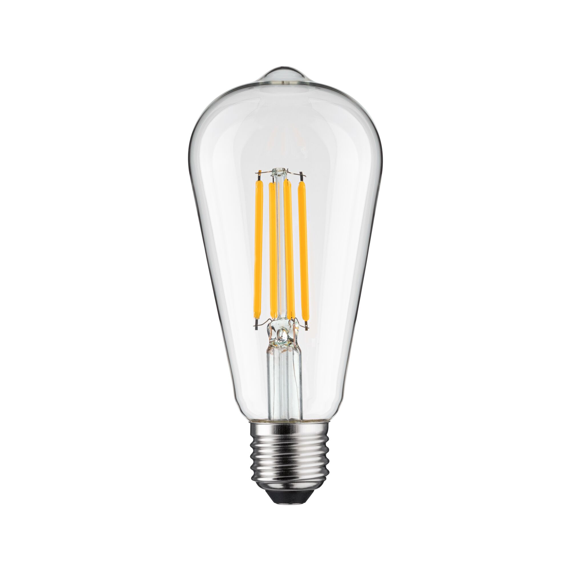 Eine Edison-Lampe mit klarem Glas und vier gelben Glühfäden auf weißem Hintergrund.