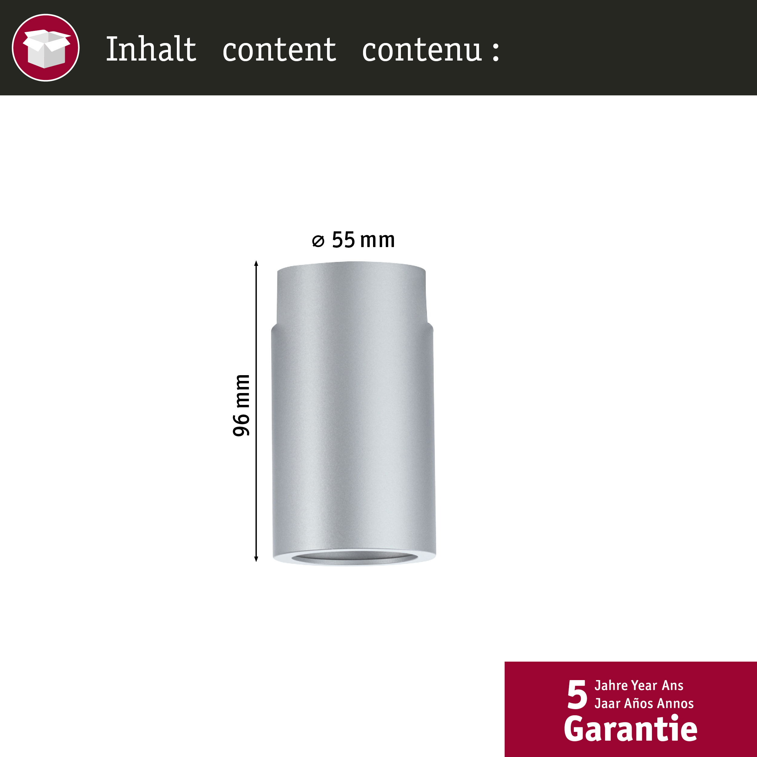 Ein silberner Zylinder, 55mm breit und 96mm hoch. Unten links ist eine Garantieanzeige.