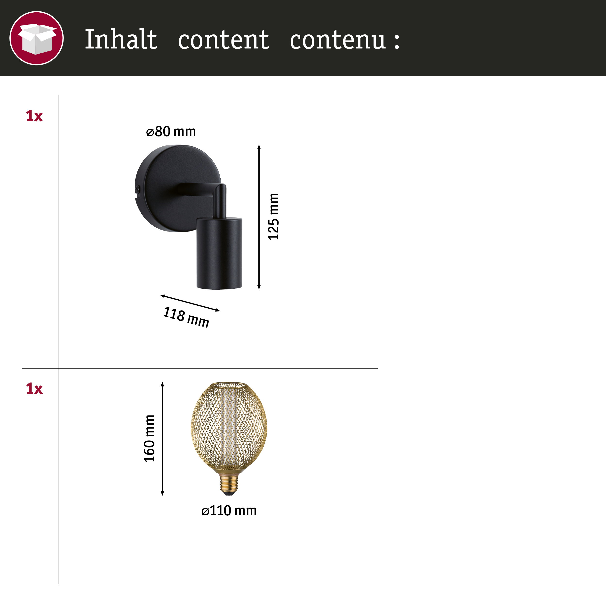Schwarze Wandlampe mit Zylinder und goldener Draht-Glühbirne.