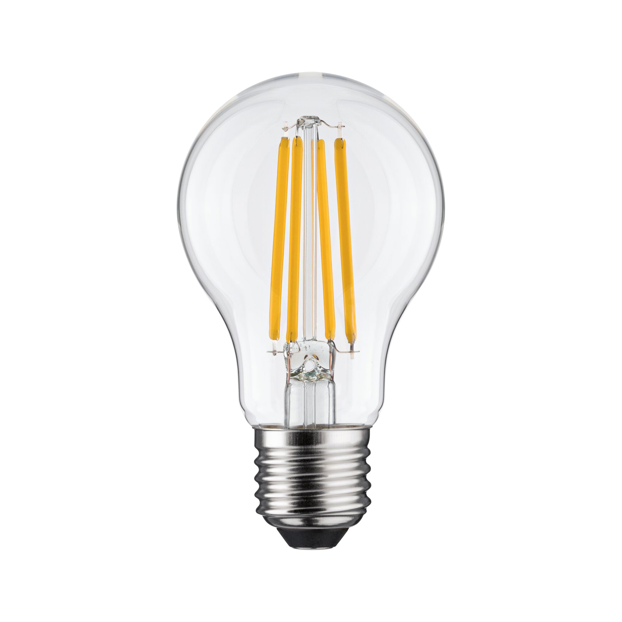 Eine klare Glühbirne mit silbernem Gewinde und vier gelben LEDs.