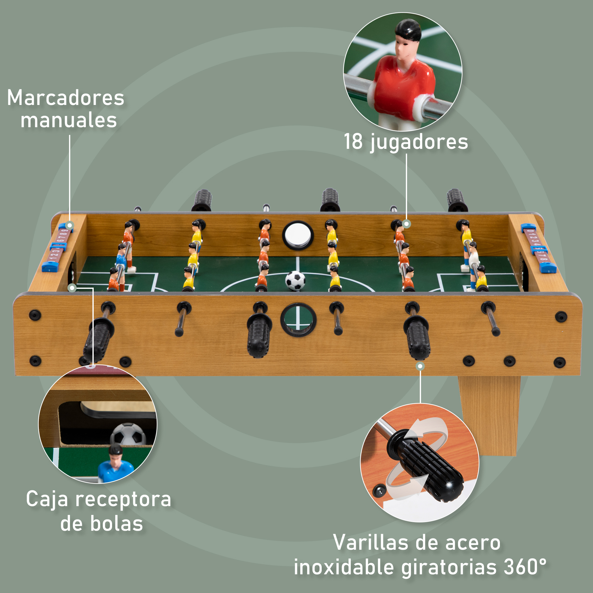 Futbolín con 18 jugadores, marcadores manuales, bandeja para bolas, varillas de acero.