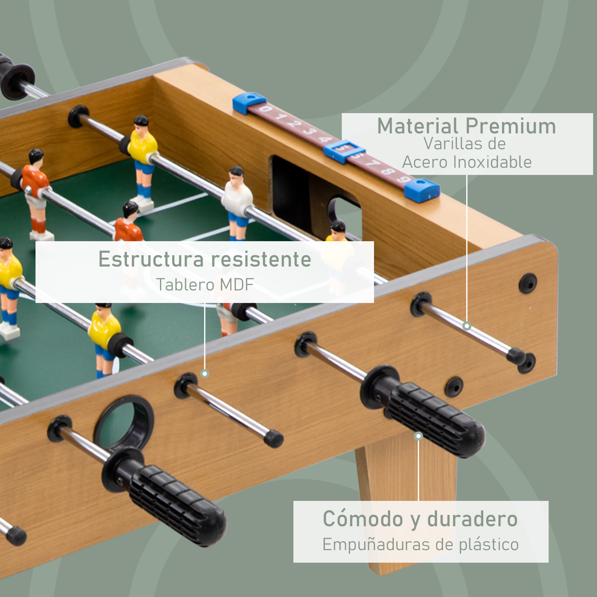 Futbolín con cuerpo de madera, campo de juego verde y jugadores.