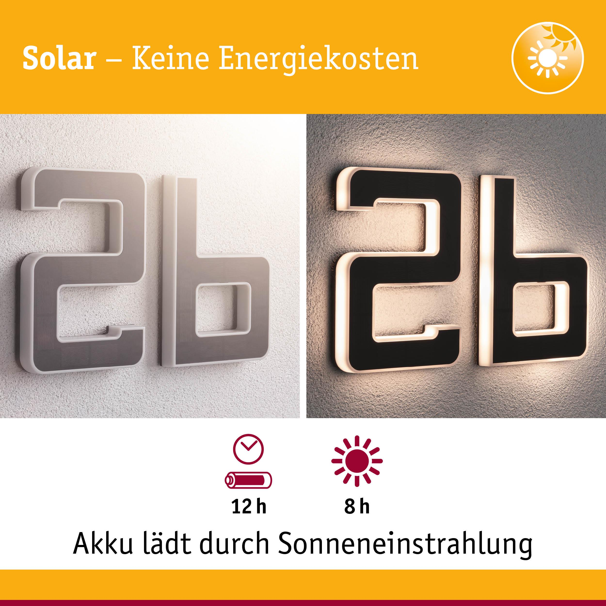 Zahlen 2 und 6 leuchten, Solar-Symbol, Akku lädt 12h, 8h Sonneneinstrahlung.