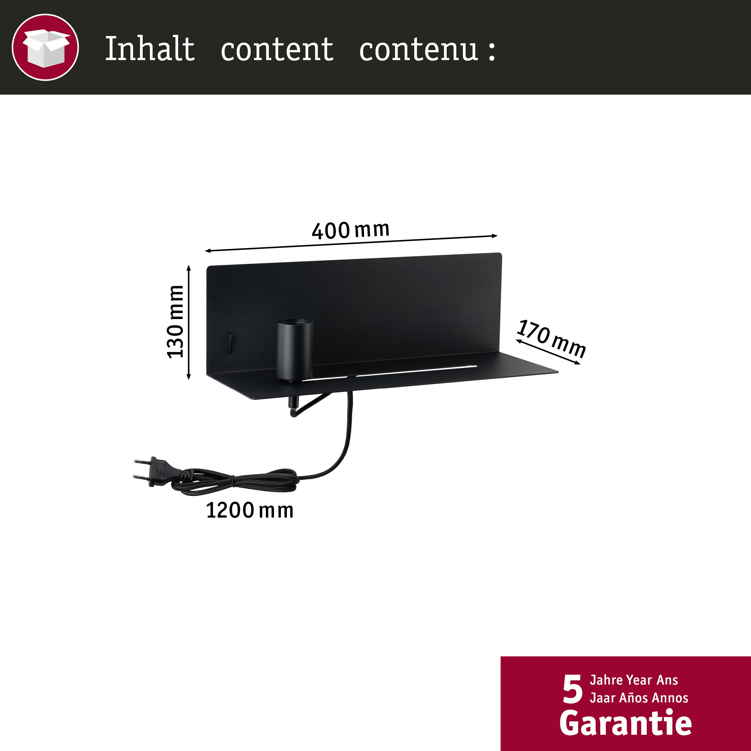 Czarna półka z wymiarami, wtyczką i kablem.