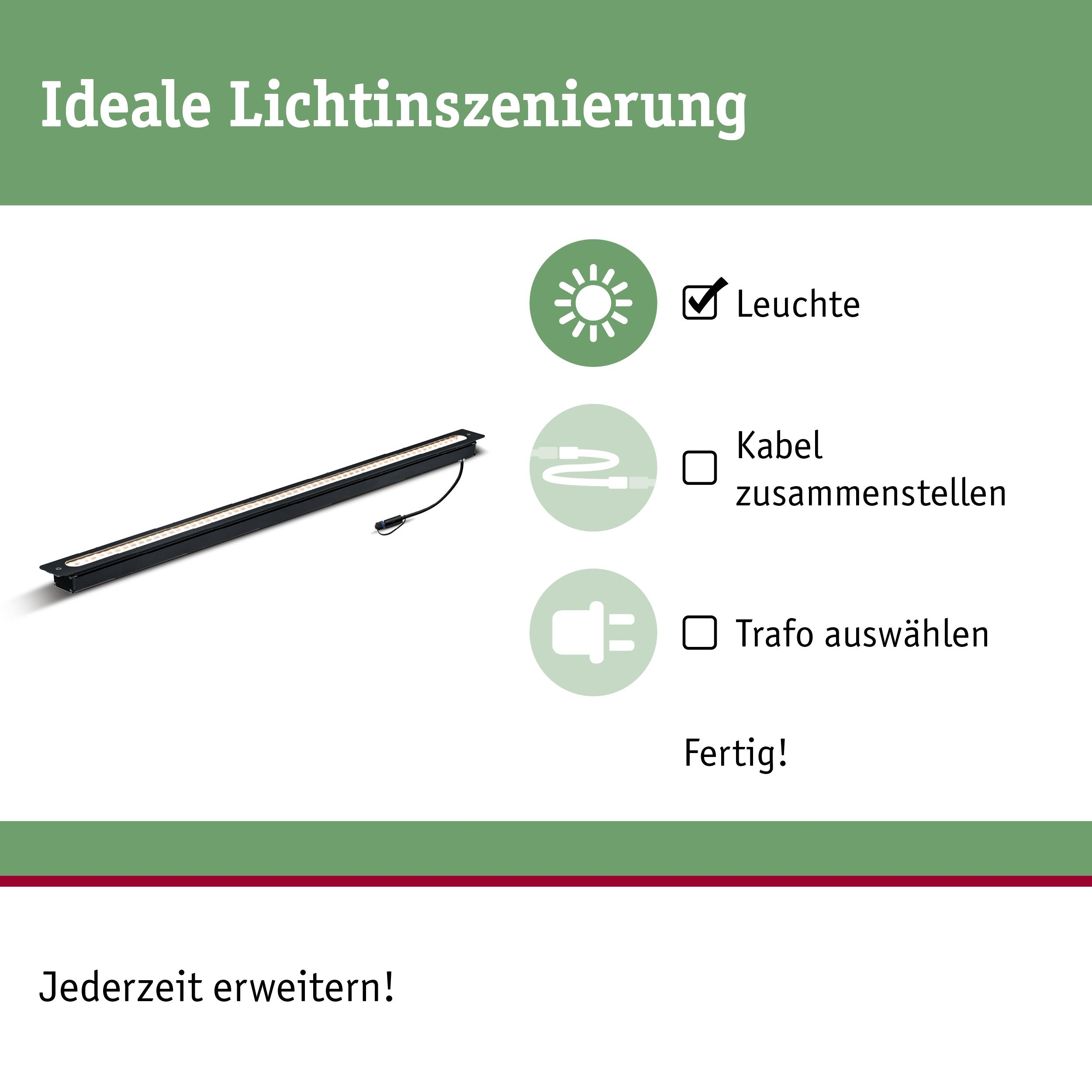 Schwarze LED-Lichtleiste mit Kabel, Symbole für Leuchte, Kabel, Trafo.