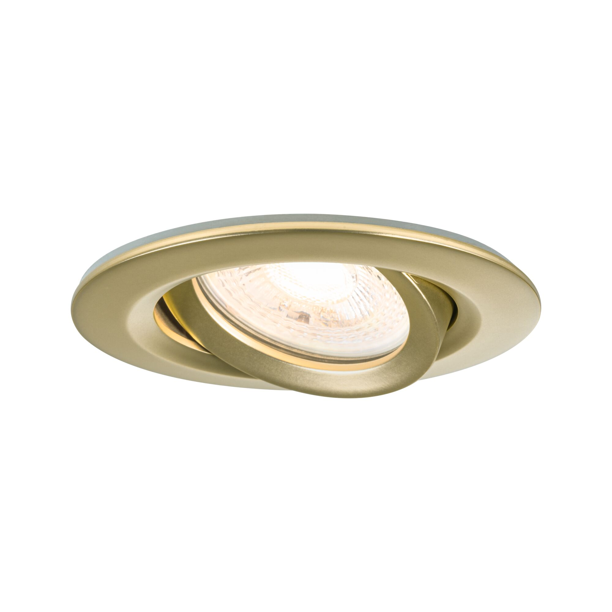 Ein goldener Einbaustrahler mit verstellbarem Leuchtenkopf auf weißem Hintergrund.