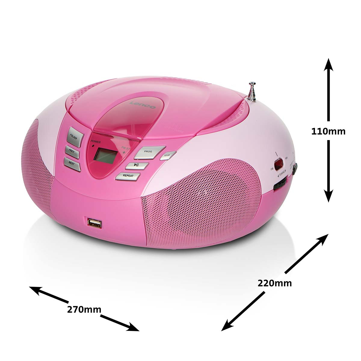 Ein rosafarbener Lenco CD-Player mit Radio und USB-Anschluss.