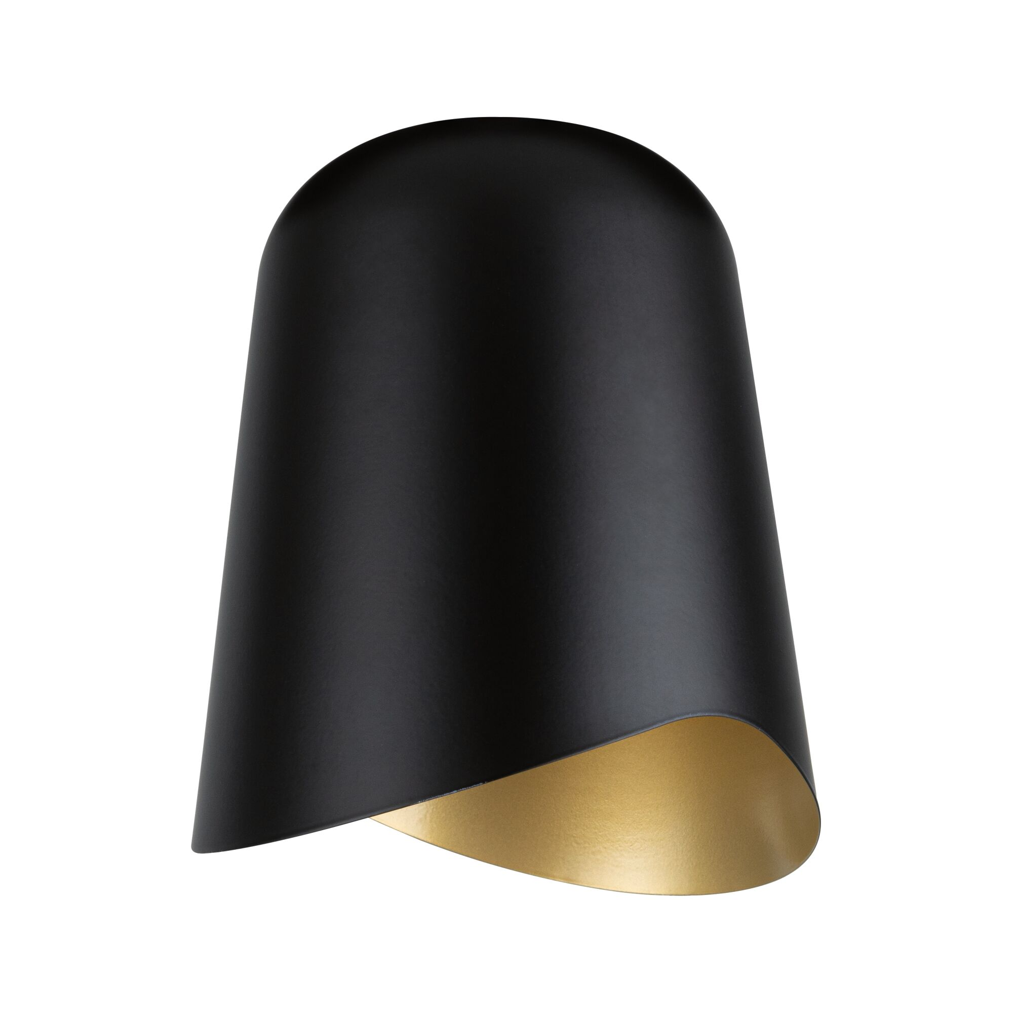 Eine schwarze Lampe mit einer goldenen Innenseite, die sich nach unten öffnet.