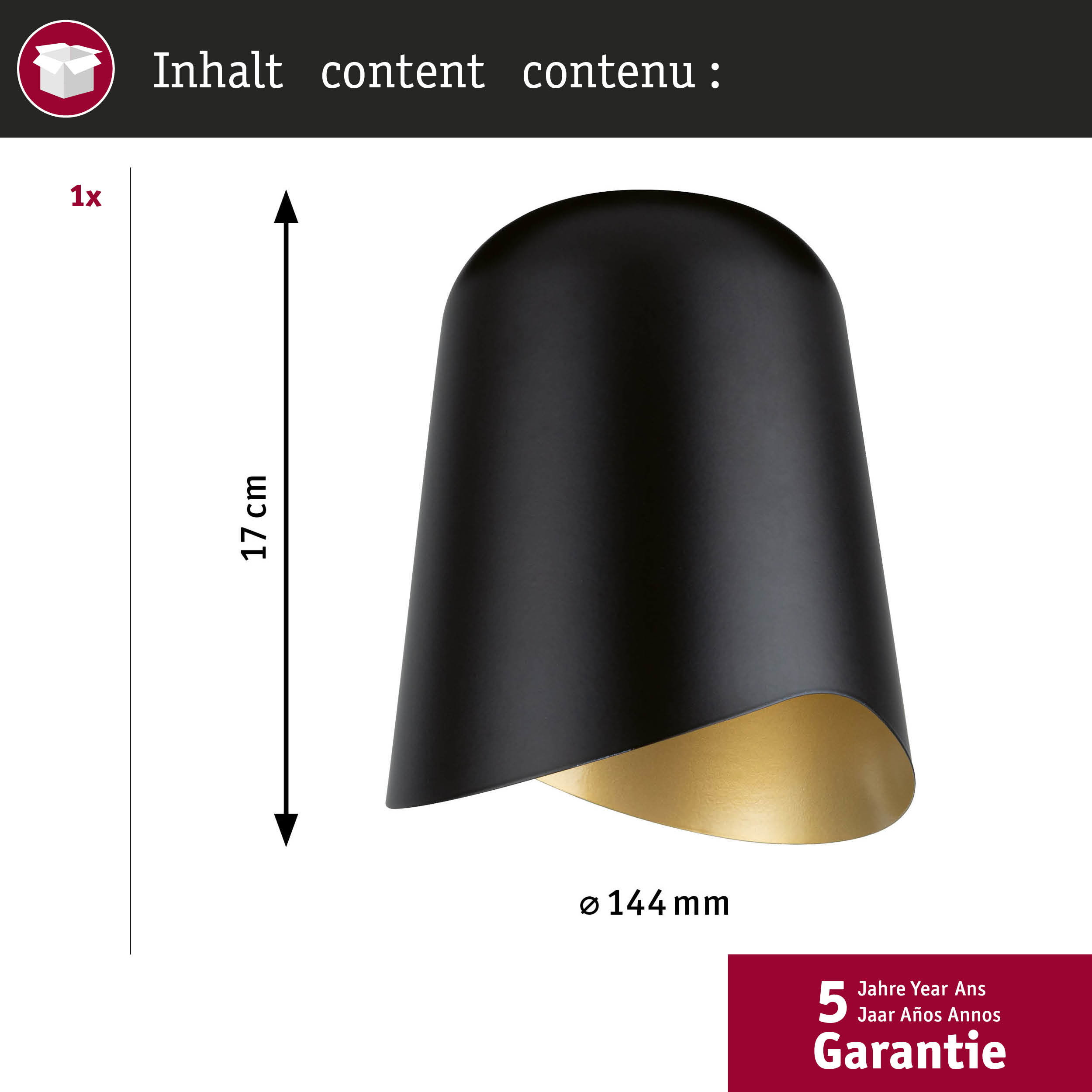 Schwarze Lampe mit goldenem Inneren, 17cm hoch, 144mm breit. 5 Jahre Garantie.