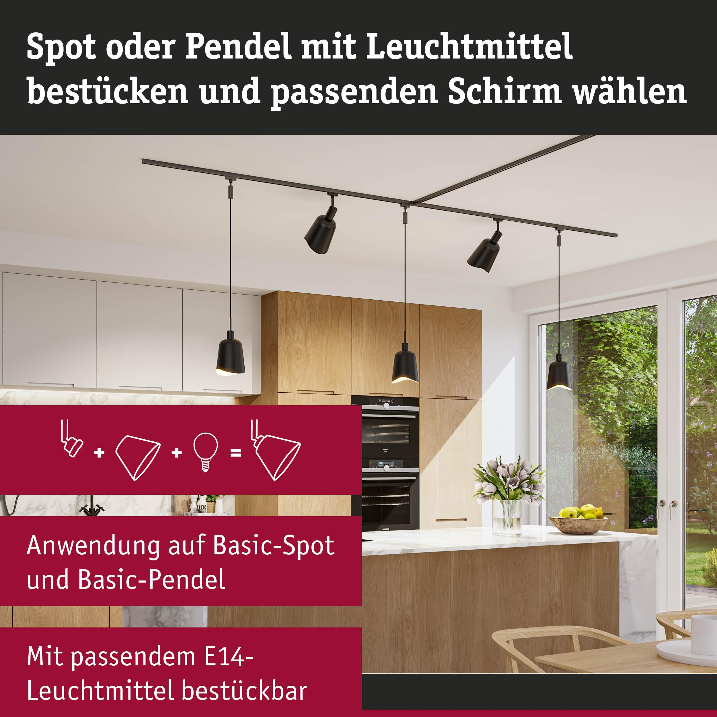 Moderne Küche mit schwarzer Schienenbeleuchtung über Insel und Holzschränken.