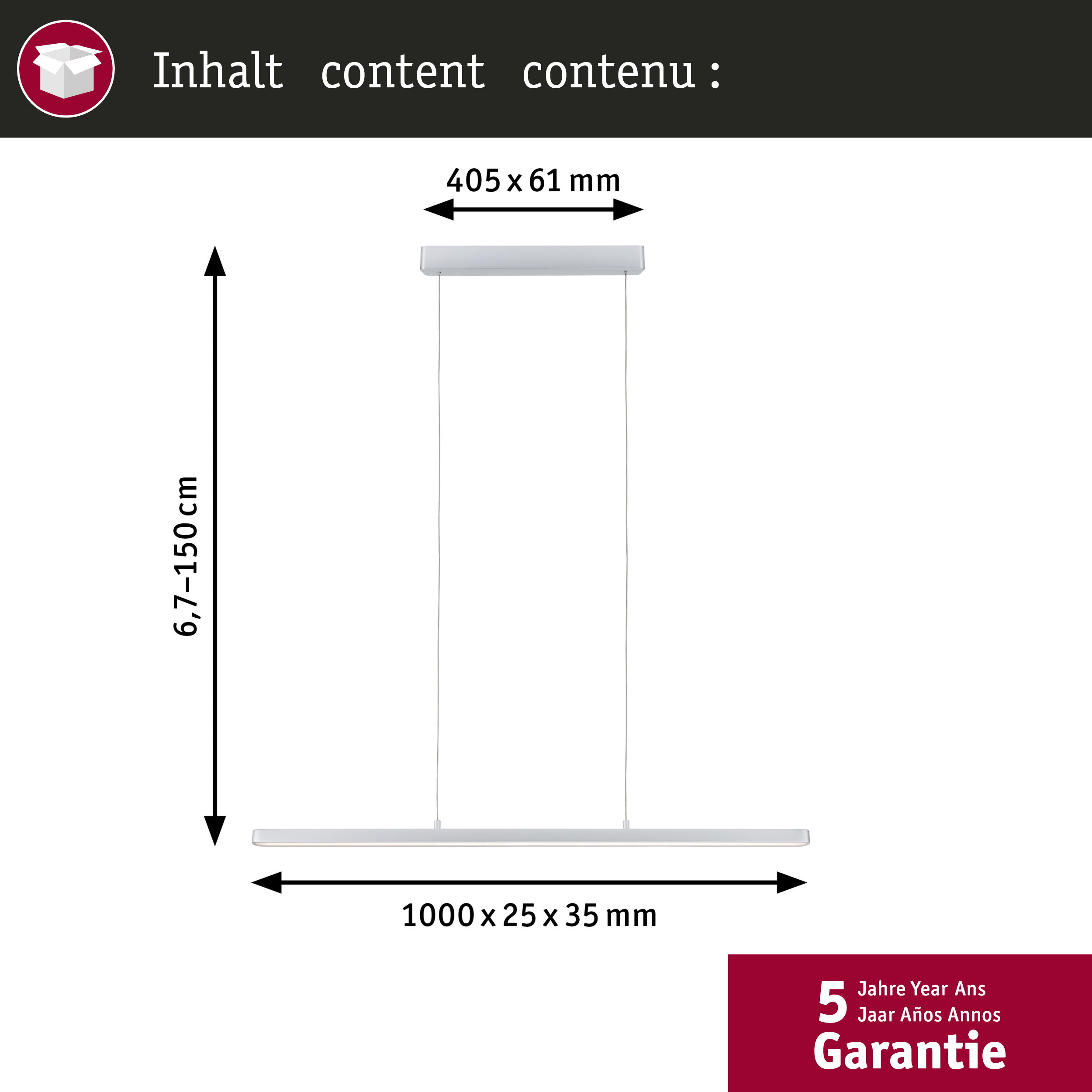 Un luminaire blanc aux dimensions 1000x25x35mm et 405x61mm, hauteur réglable 6,7-150cm.