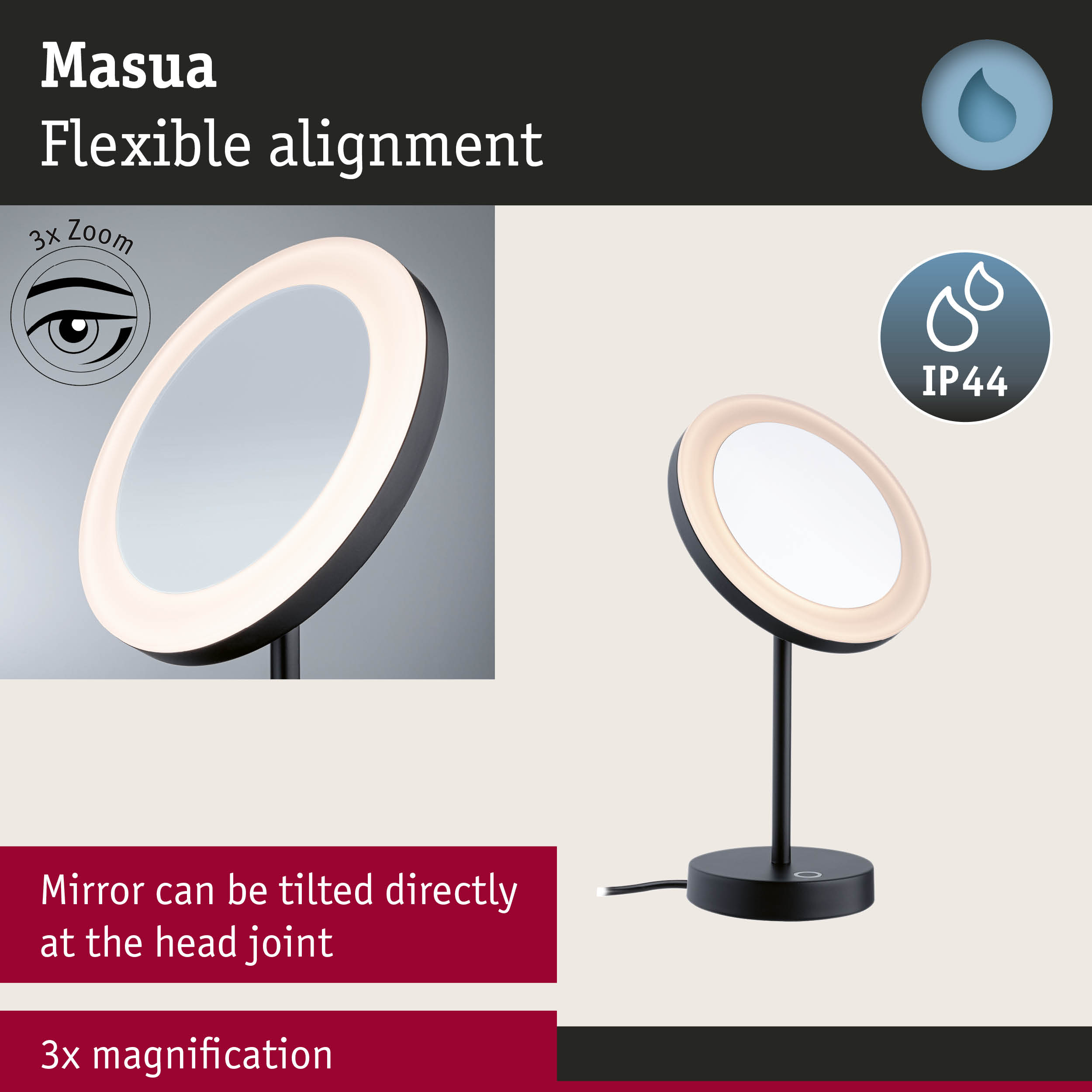 Lusterko kosmetyczne Masua z podświetleniem, zoomem 3x i stopniem ochrony IP44.