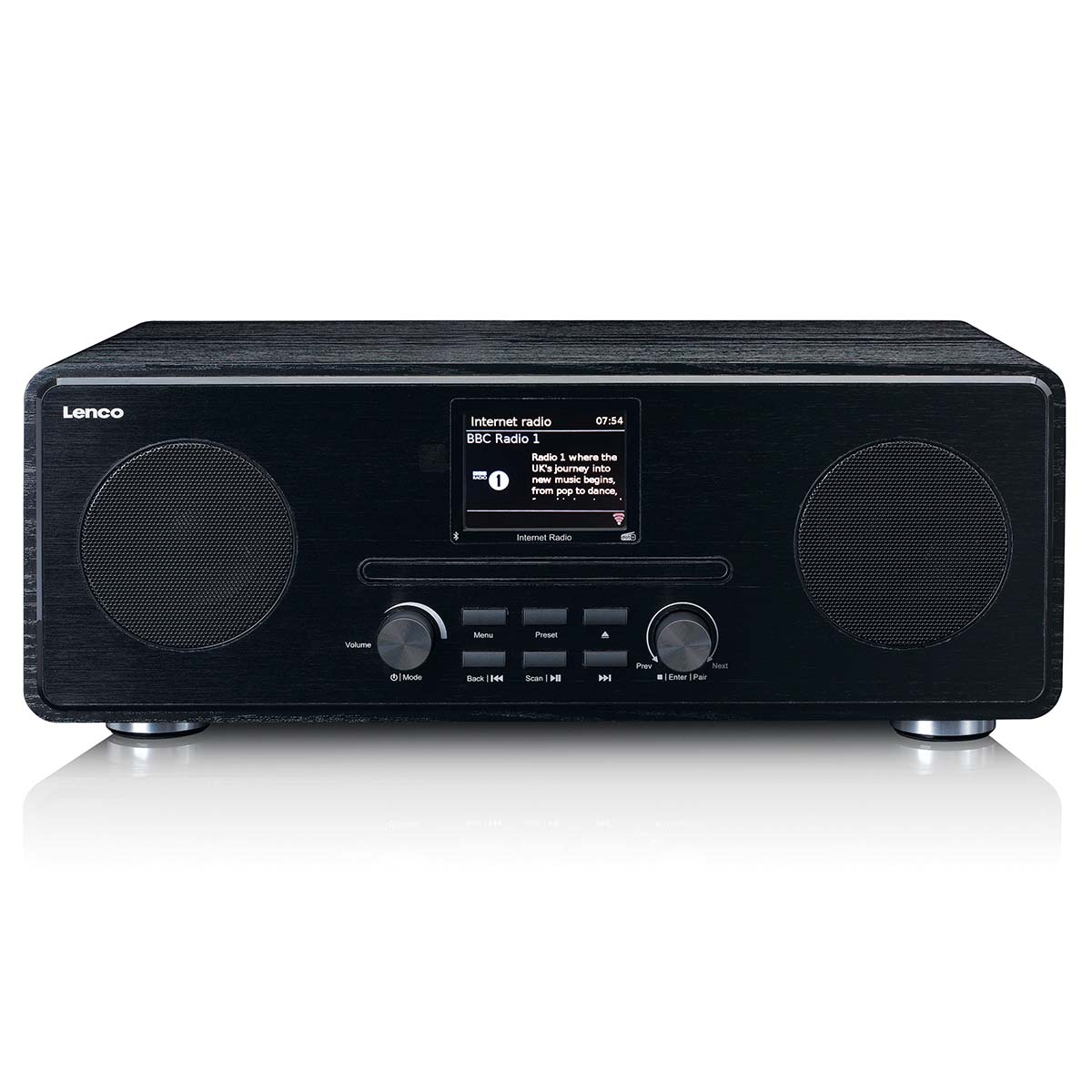 A black Lenco internet radio with two speakers, a screen, and control buttons.