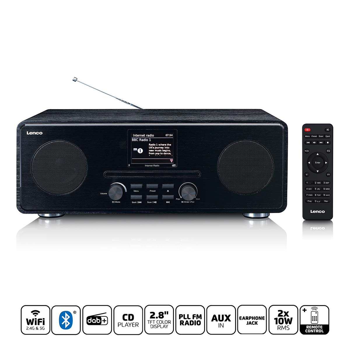Black Lenco internet radio with remote and icons for WiFi, DAB+, CD, display, radio, Aux, headphone jack.