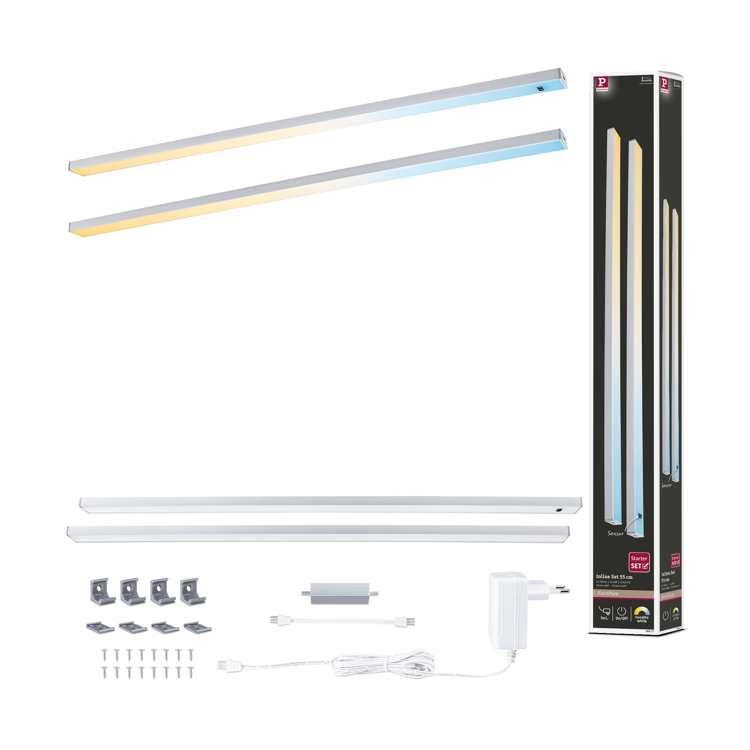 Zestaw oświetlenia liniowego z akcesoriami, zasilaczem i instrukcją.