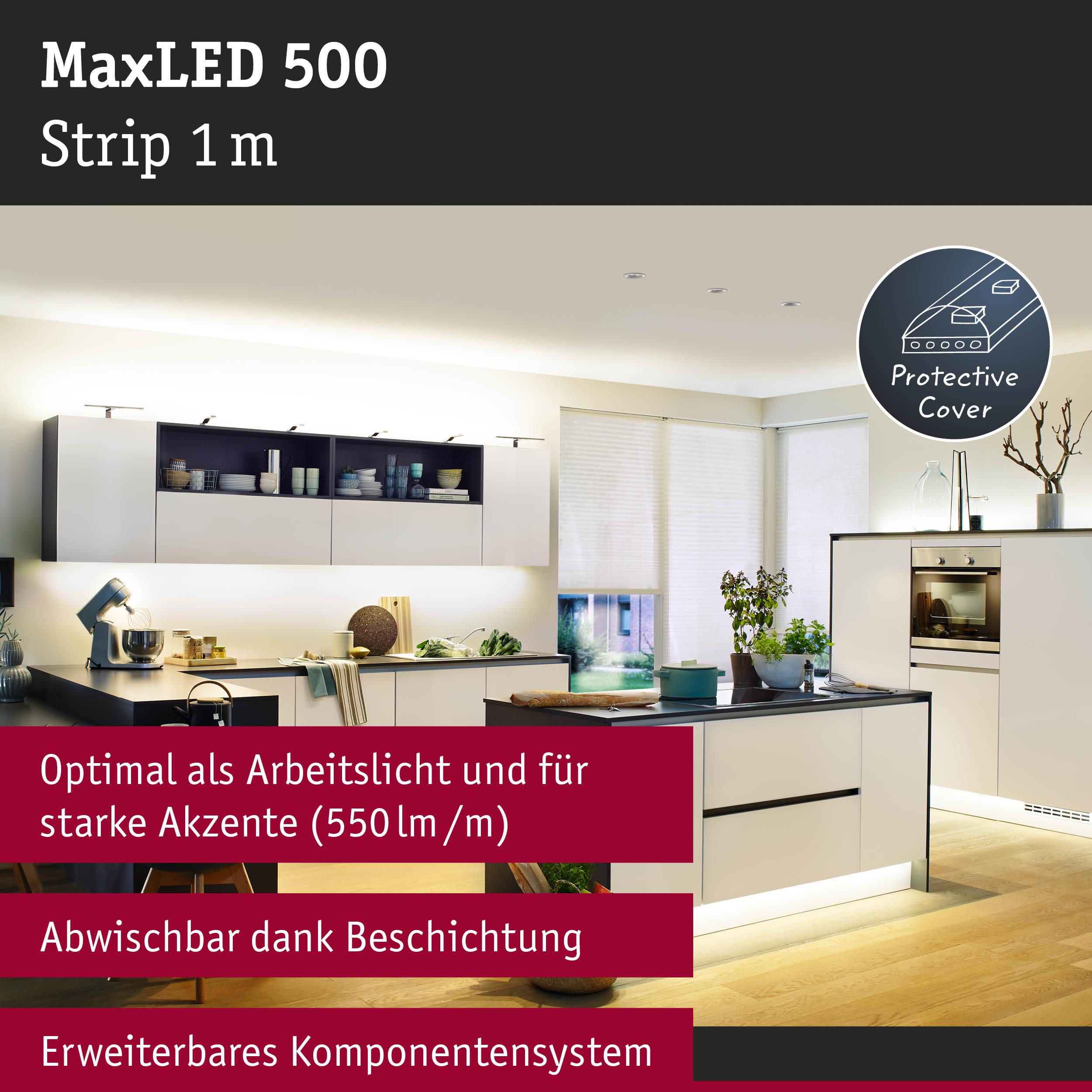 Moderne Küche mit MaxLED 500 Streifen, Arbeitslicht und Akzentbeleuchtung.
