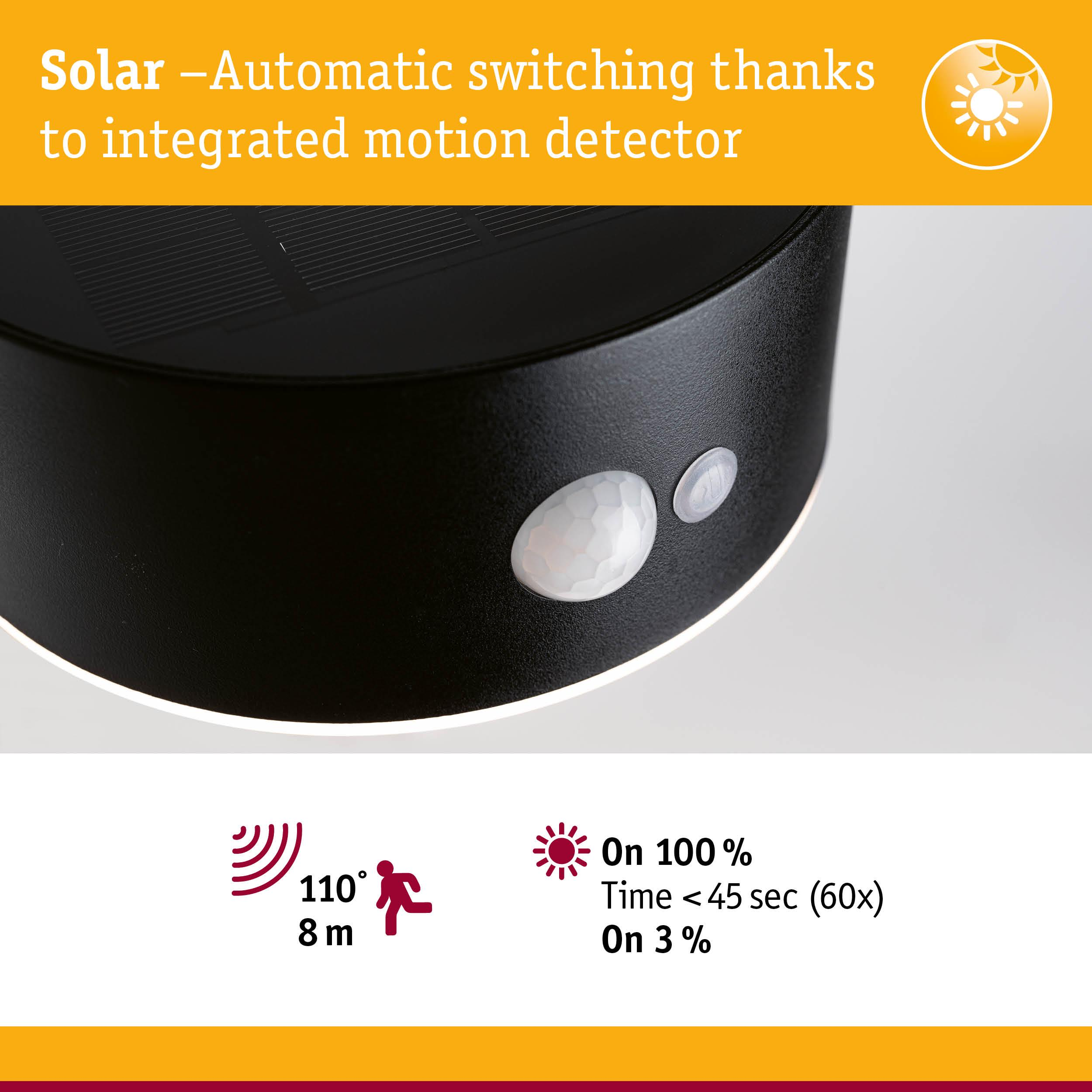 Détecteur de mouvement noir avec panneau solaire, détection 110°, portée 8m.
