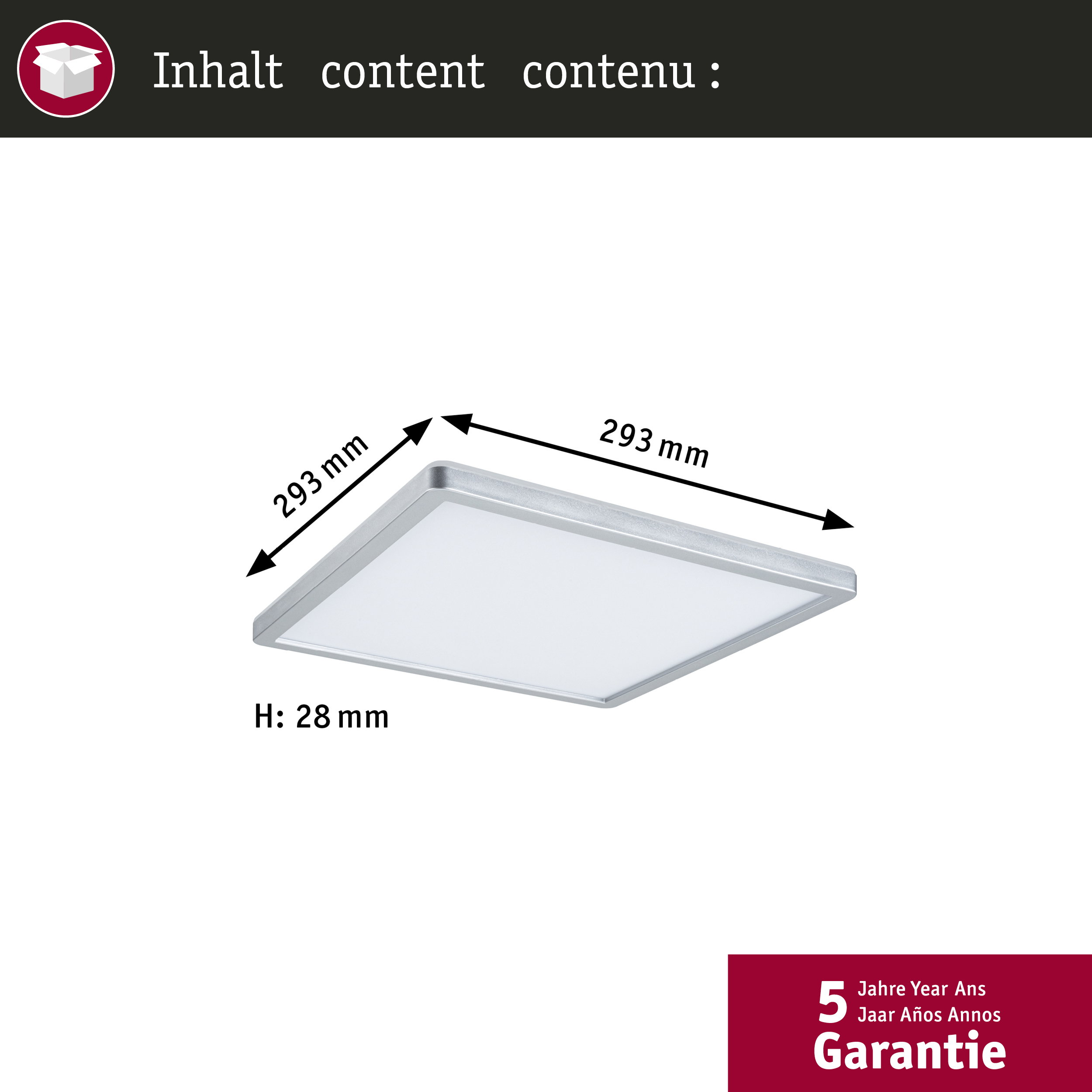 Kwadratowa lampa sufitowa, 293mm szeroka, 293mm długa, 28mm wysoka.