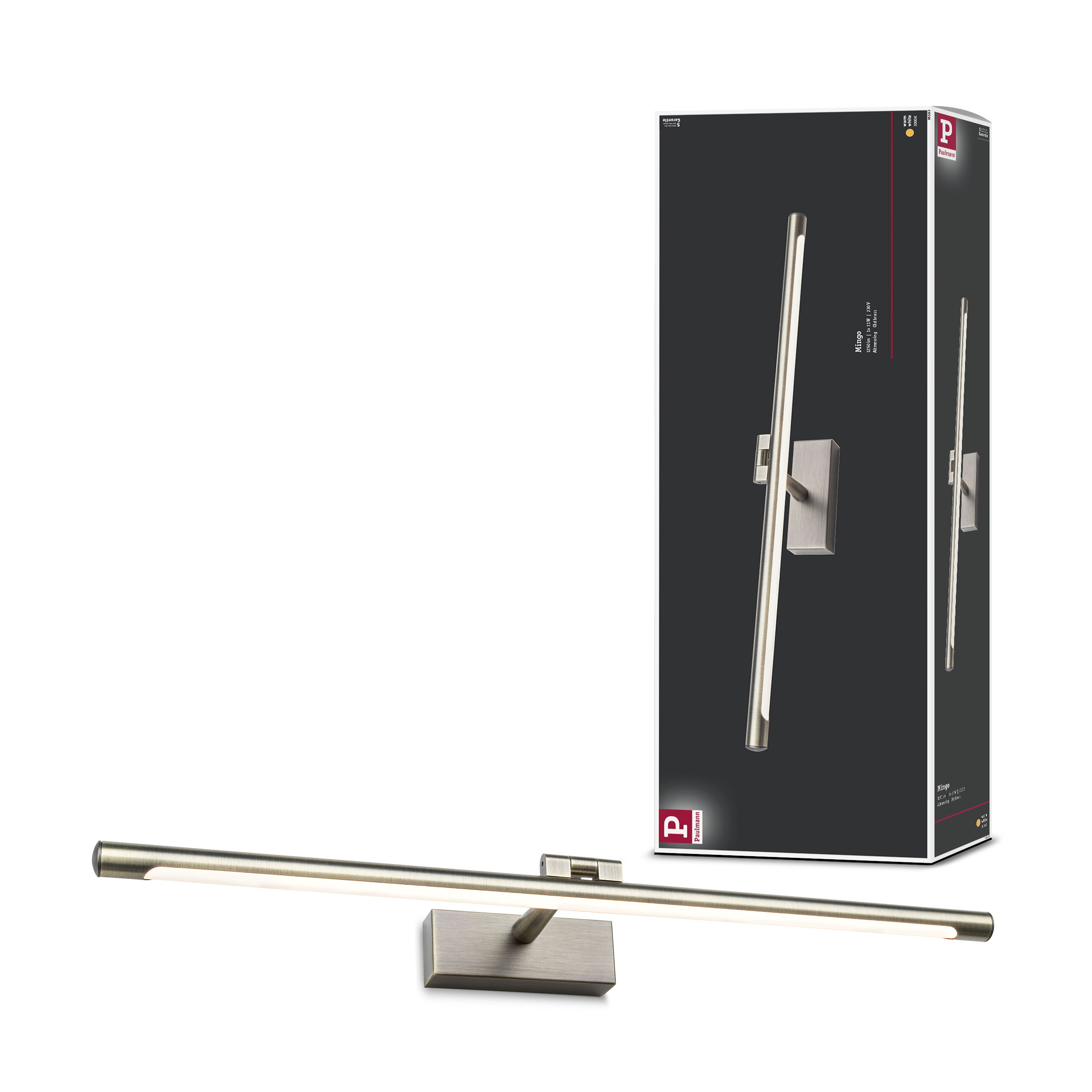 Długa, wąska lampa w kolorze starego mosiądzu, podświetlona, obok opakowania.