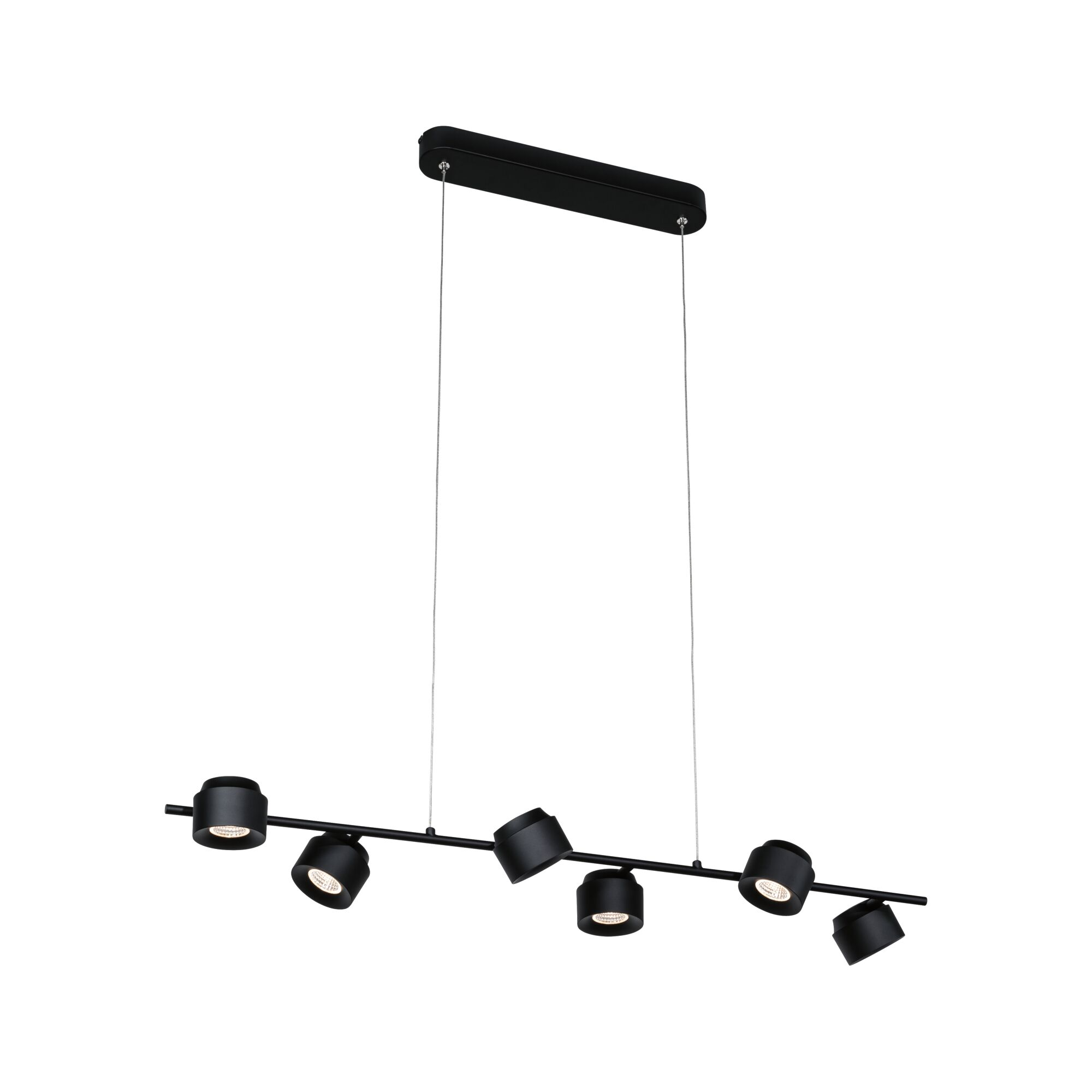 Eine schwarze Pendelleuchte mit fünf verstellbaren Spots an einer Stange.
