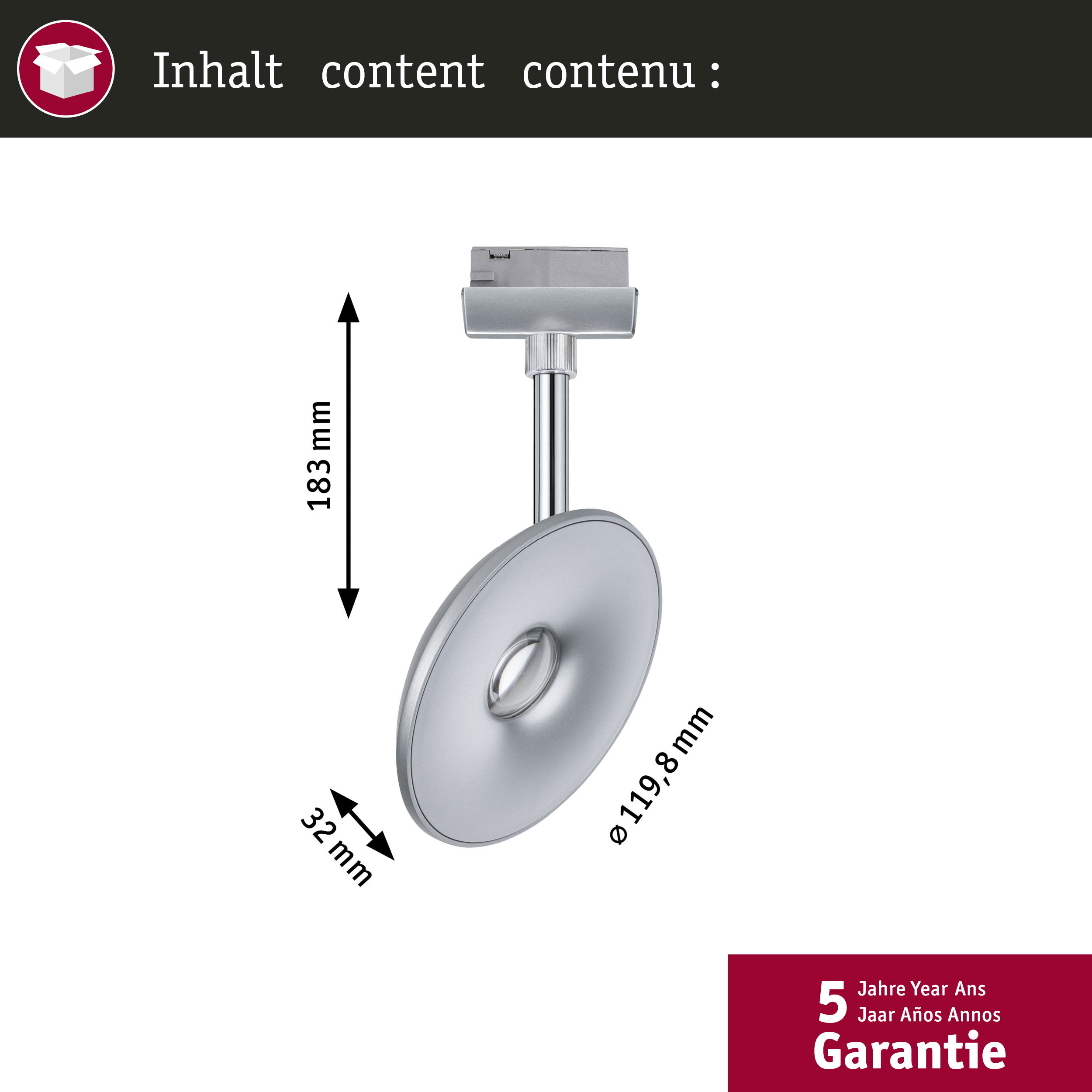 Silberne Lampe mit Maßen 183mm Höhe, 119,8mm Ø, 32mm Breite. 5 Jahre Garantie.