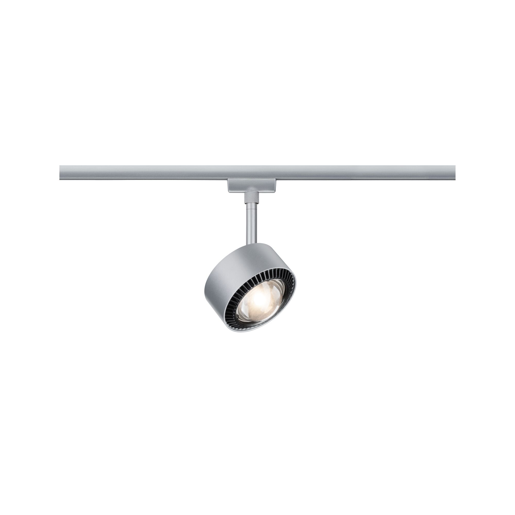 Un faretto argentato su binario con alloggiamento scanalato e lampadina illuminata.