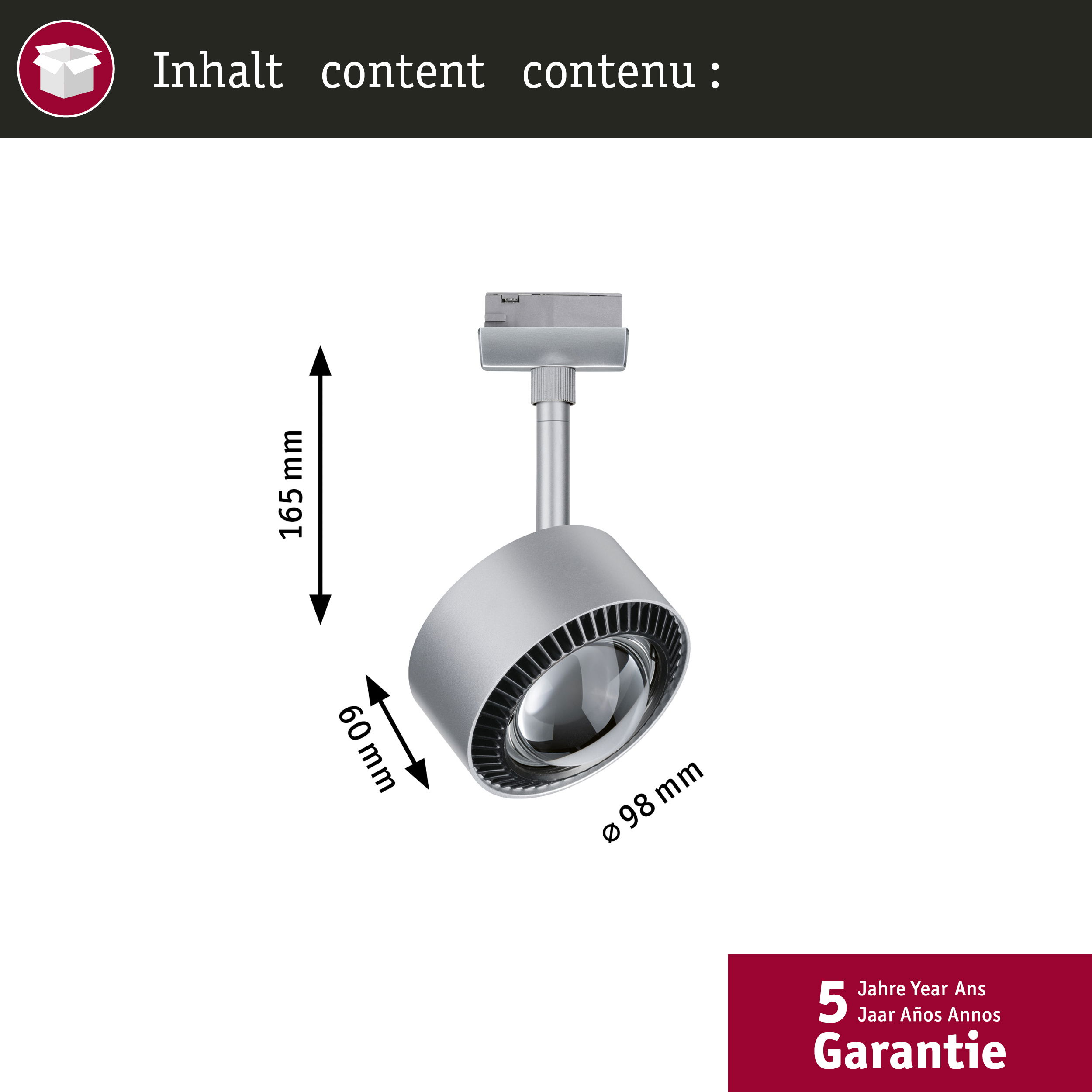 Faretti argentati di dimensioni 165x60x98 mm, fissati a binario.