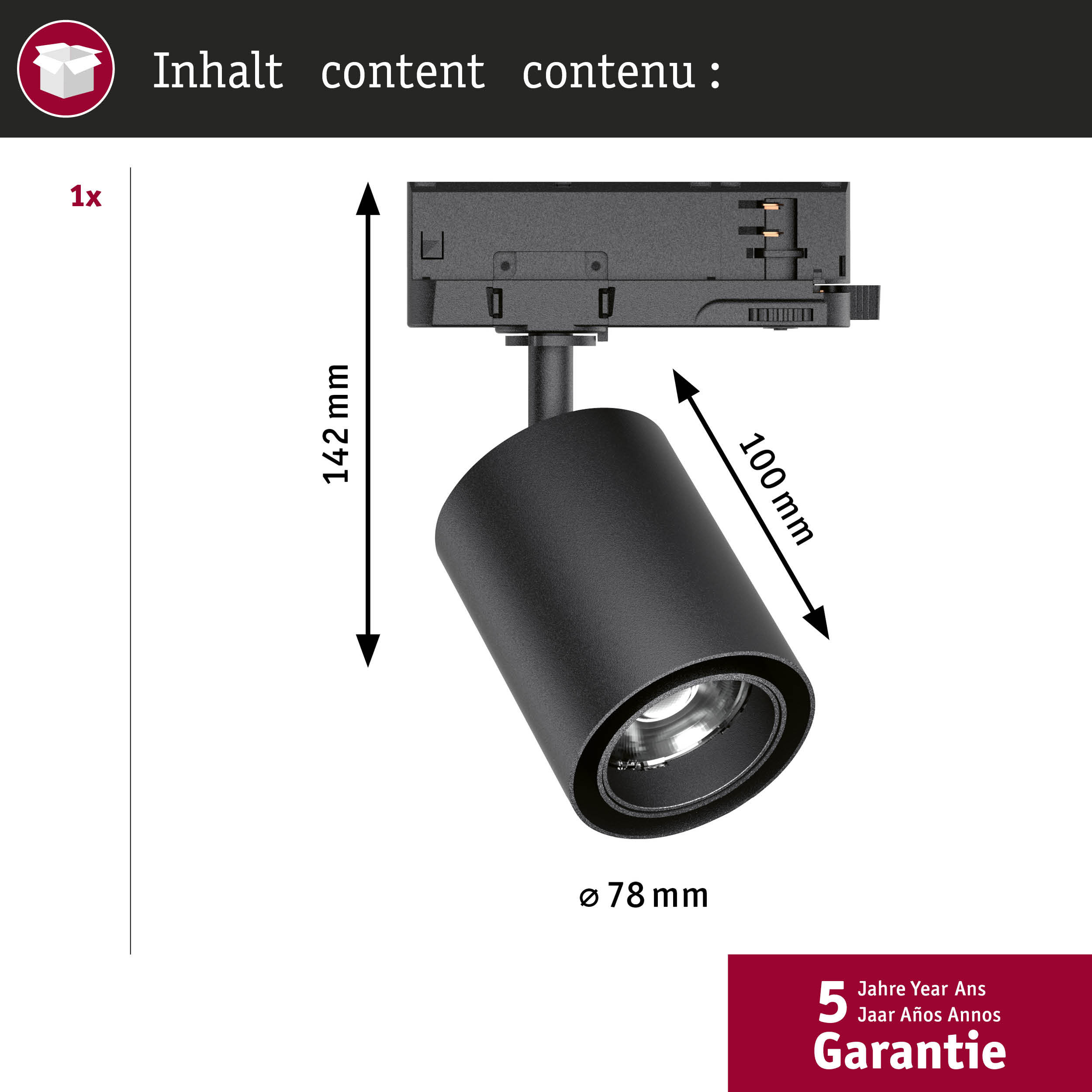 Czarny reflektor szynowy o wymiarach 142mm wysokość, 100mm długość, 78mm średnica.