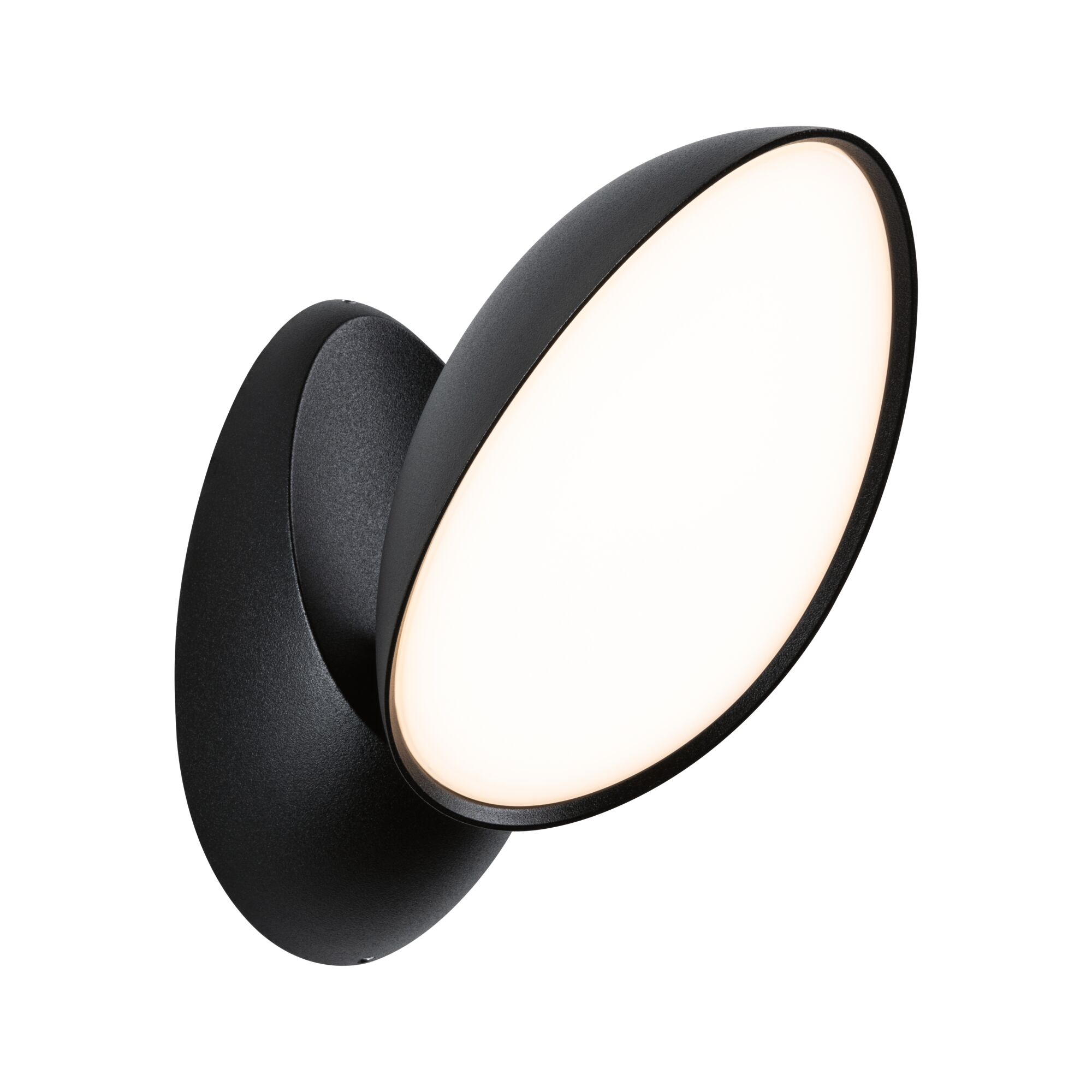 Czarna, owalna lampa ścienna z podświetlanym dyfuzorem skierowanym do przodu.