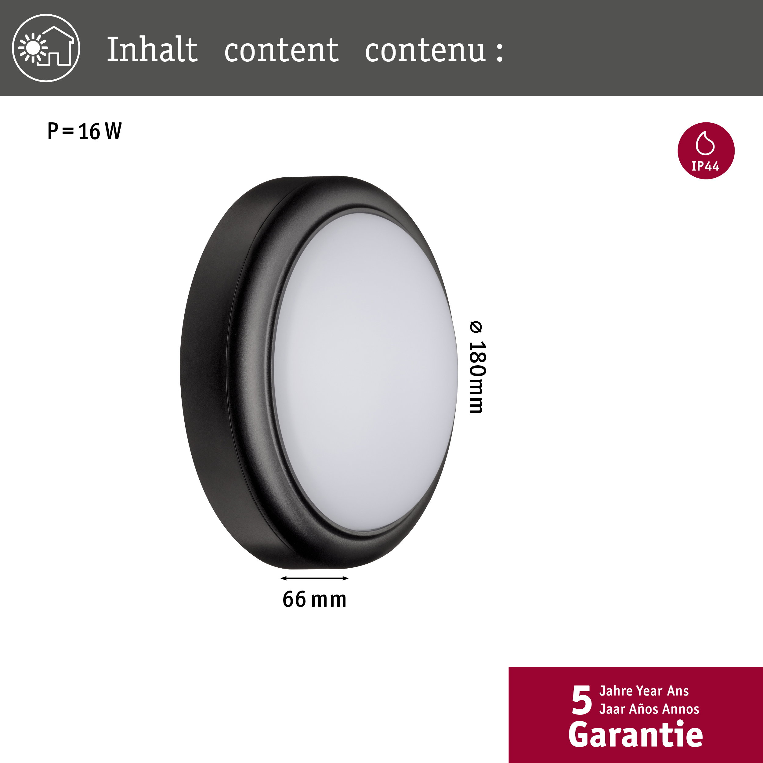 Runde schwarze Lampe, 16W, Ø180mm, 66mm tief, IP44, 5 Jahre Garantie.