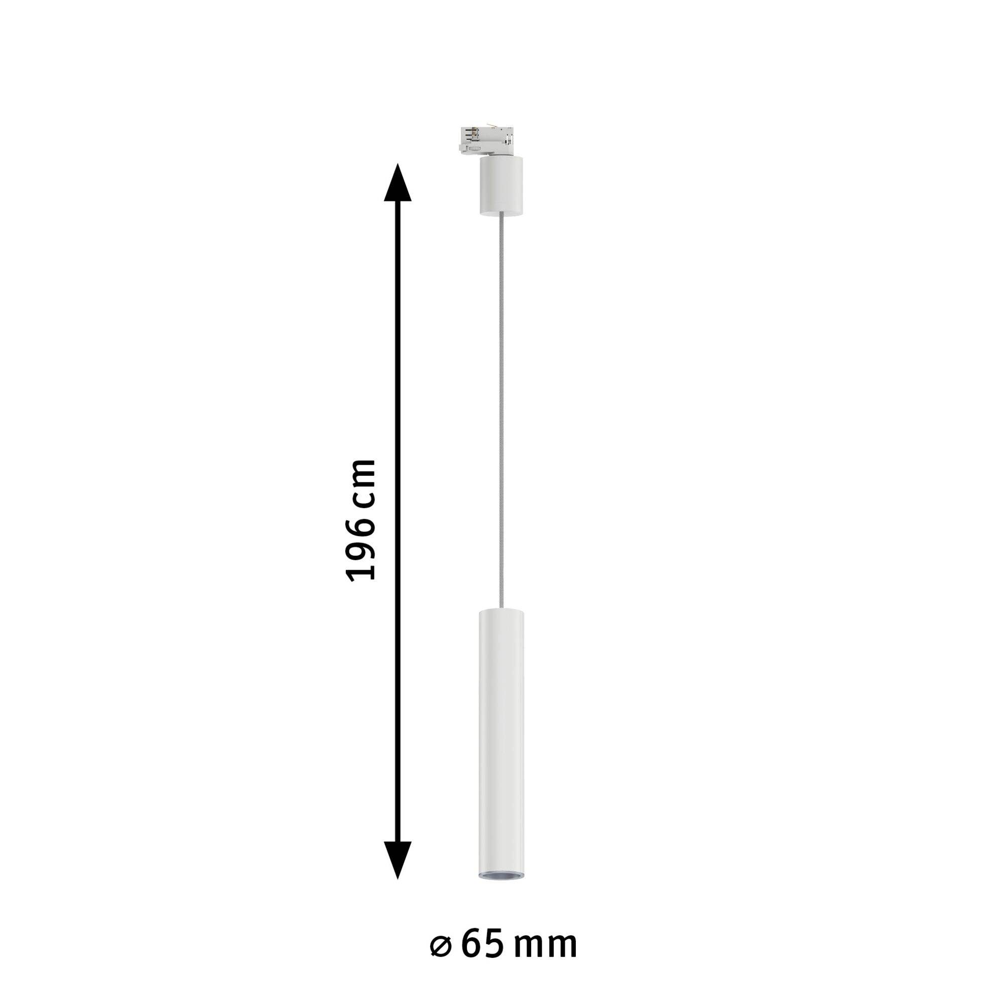 Weiße Pendelleuchte, 196 cm lang, 65 mm Durchmesser.