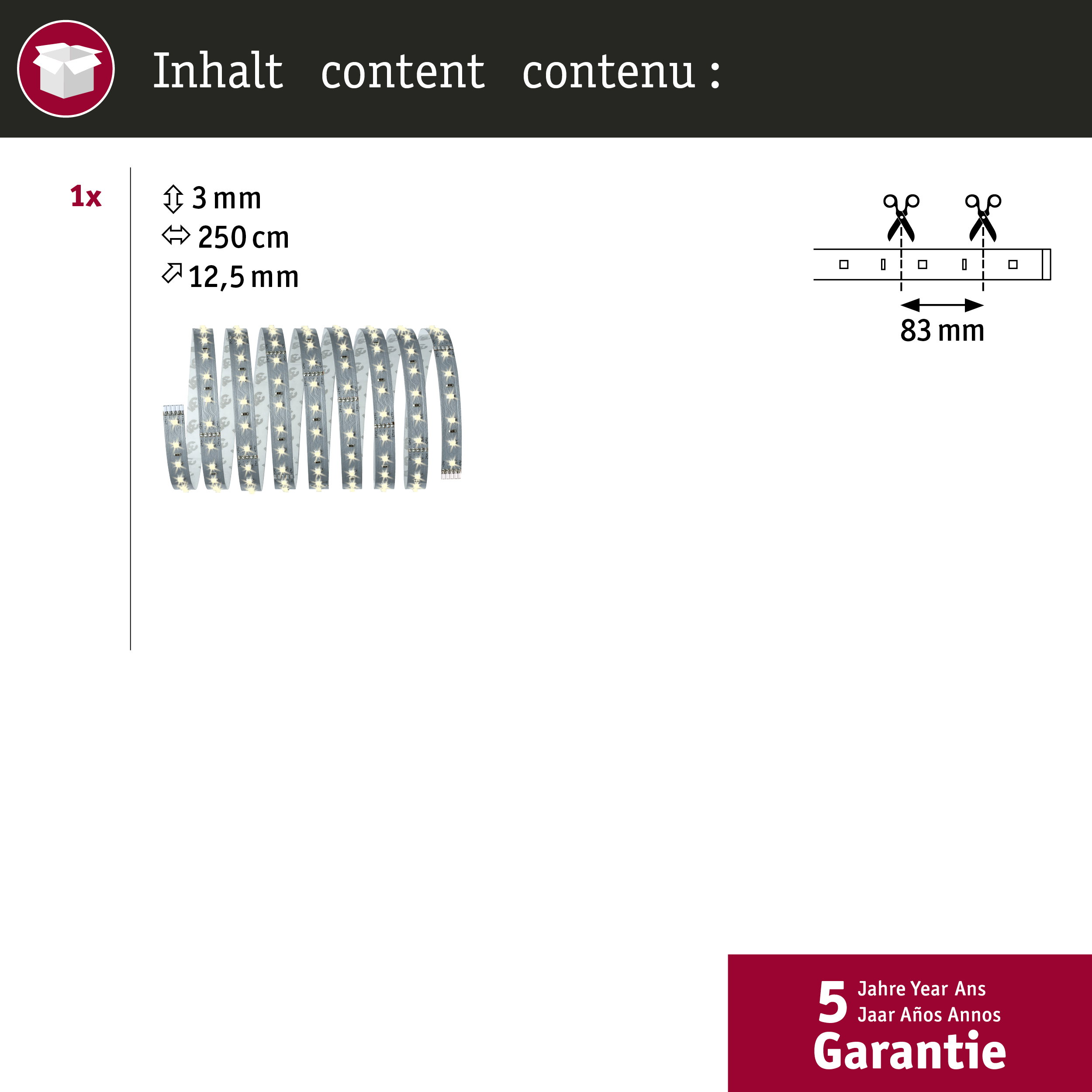 Taśma LED 3mm gruba, 250cm długa, 12,5mm szeroka. Cięta co 83mm.