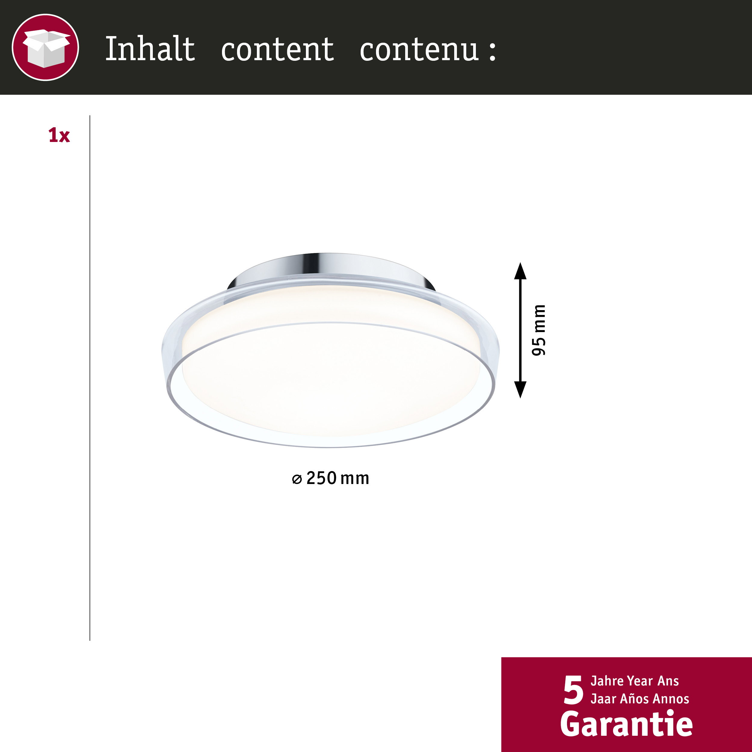 Eine runde, flache Deckenleuchte mit Chromrand und Glasdiffusor.