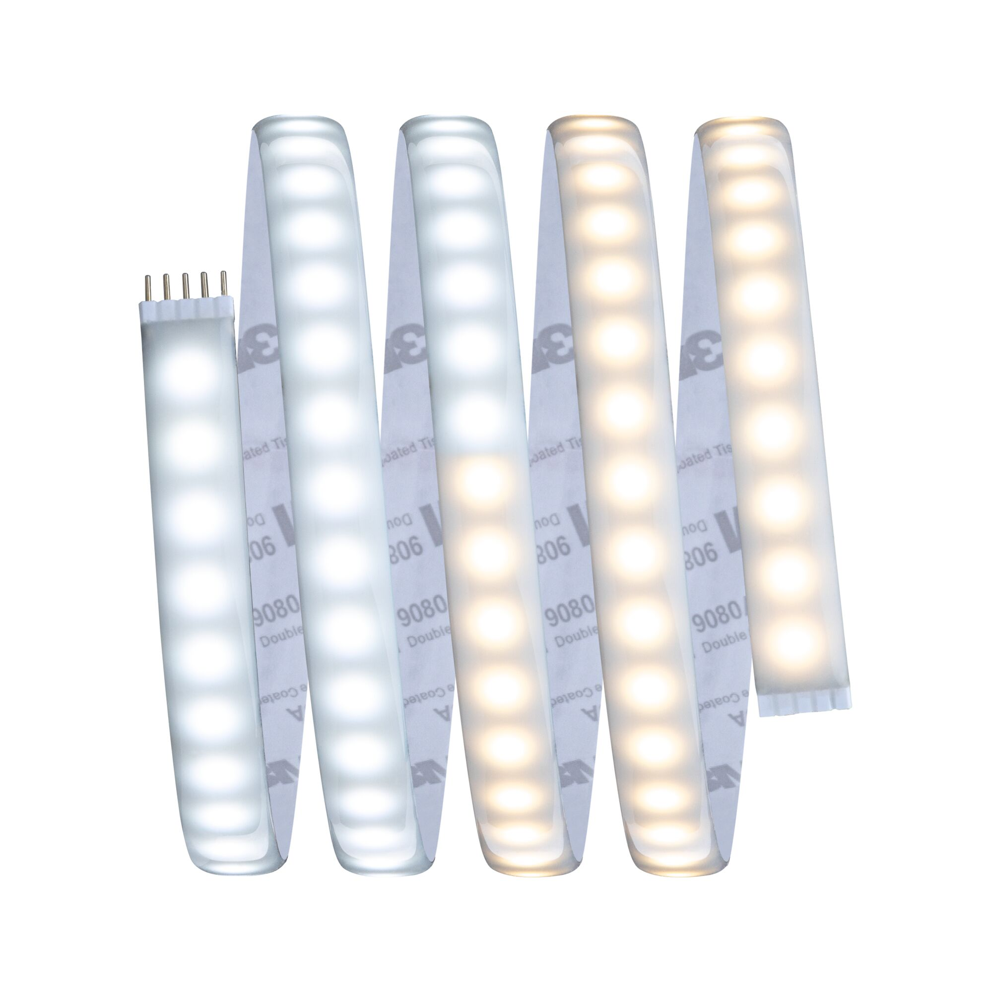 Ein aufgerollter LED-Streifen mit weißen und warmweißen Lichtern.