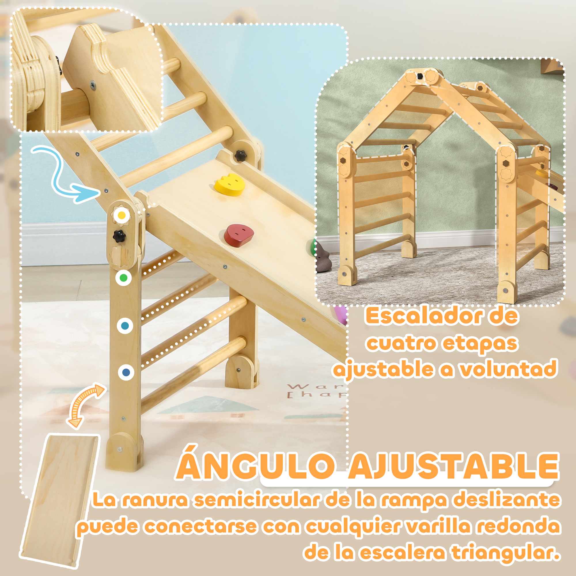 Estructura de madera para trepar con tobogán, ángulo ajustable y agarres de colores.
