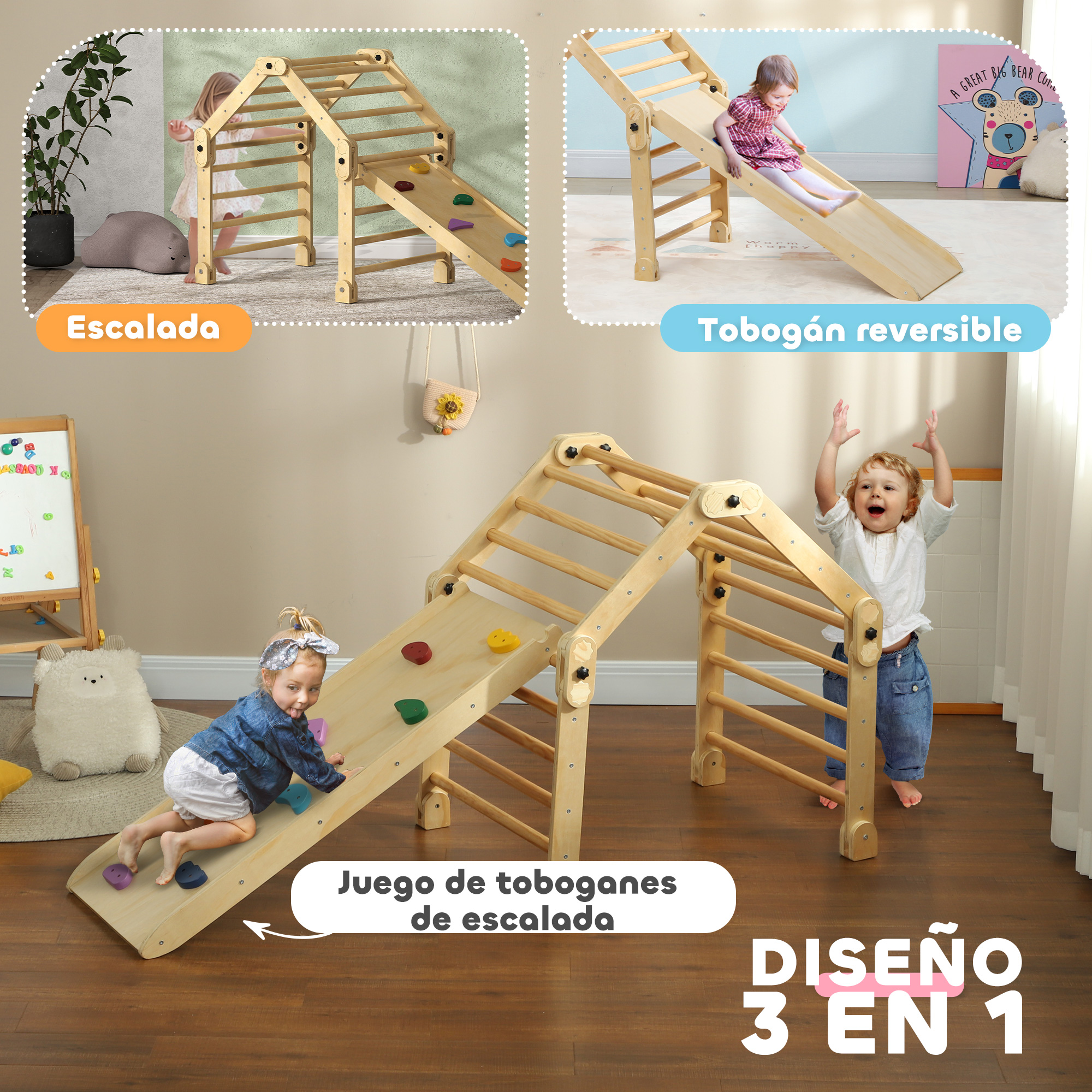 Niños juegan en estructura de madera con tobogán y pared de escalada.