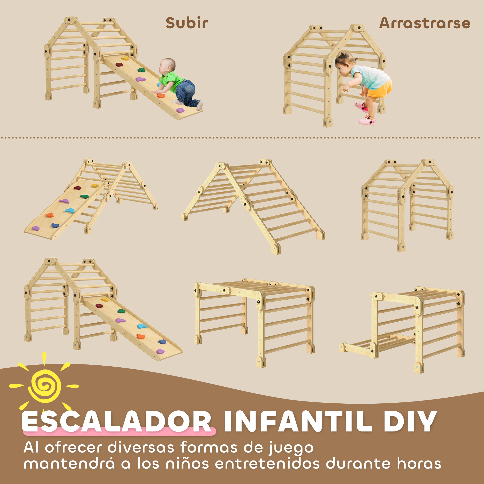 Estructura de escalada de madera con tobogán y escalerilla.